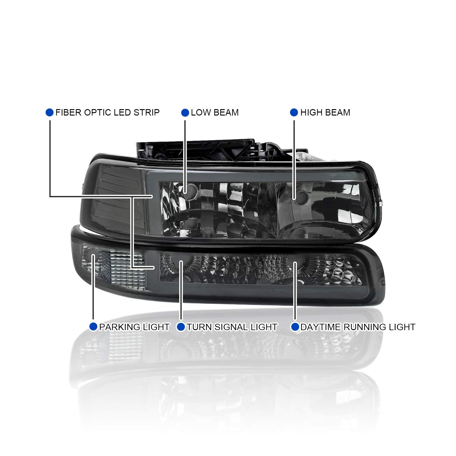 Spec-D Tuning LED Bar Clear Reflector Smoke Lens Headlights + Bumper Lights 4PC Compatible with Chevy Silverado 1999-2002, 00-06 Tahoe Suburban, L+R Pair Assembly
