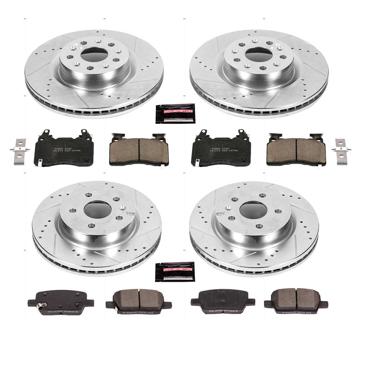 Power Stop K7292 Z23 Carbon Fiber Brake Pads Front and Rear with Drilled & Slotted Brake Rotors Kit For Cadillac CT6 2016-2018 [Model Specific]