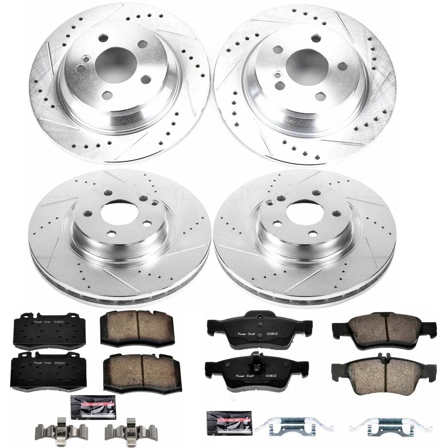 Power Stop K6754 Z23 Carbon Fiber Brake Pads Front and Rear with Drilled & Slotted Brake Rotors Kit and 1 Front & 1 Rear Sensor Wires For Mercedes-Benz SL550 2007-2012 [Model Specific]