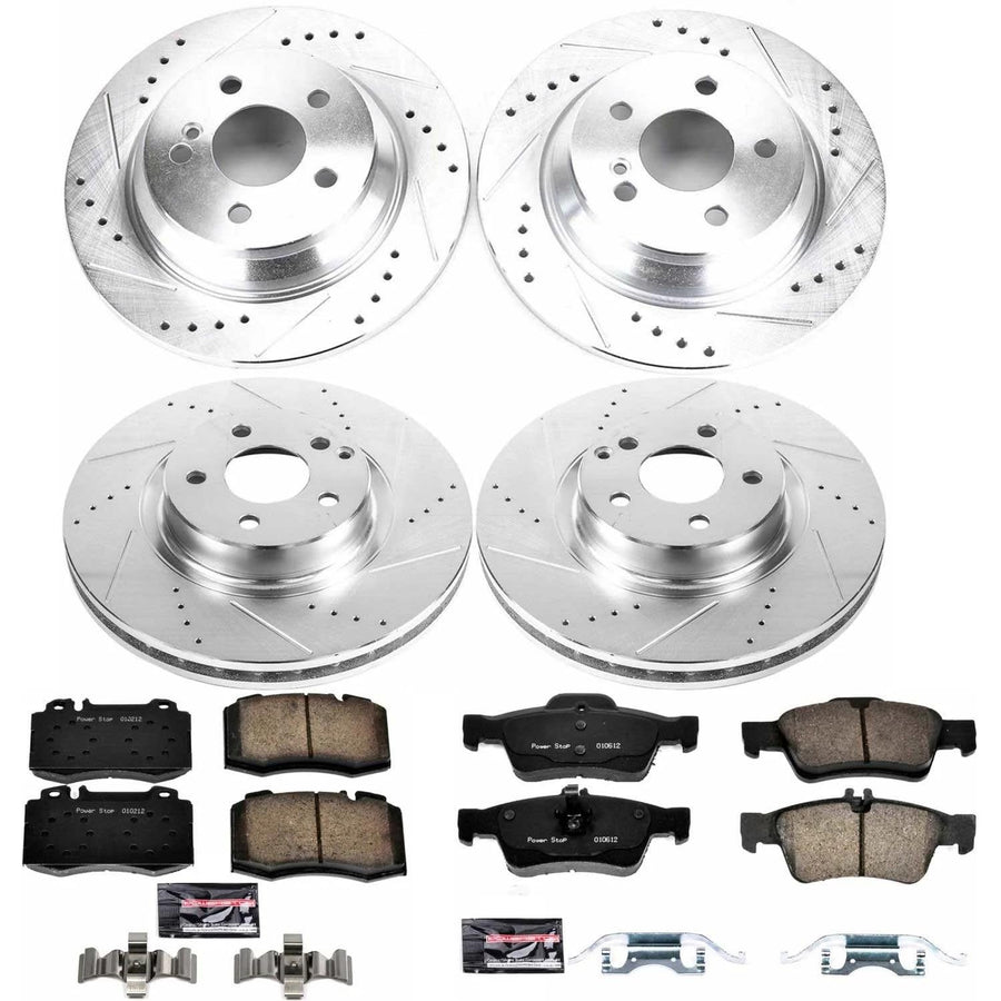 Power Stop K6754 Z23 Carbon Fiber Brake Pads Front and Rear with Drilled & Slotted Brake Rotors Kit and 1 Front & 1 Rear Sensor Wires For Mercedes-Benz SL550 2007-2012 [Model Specific]