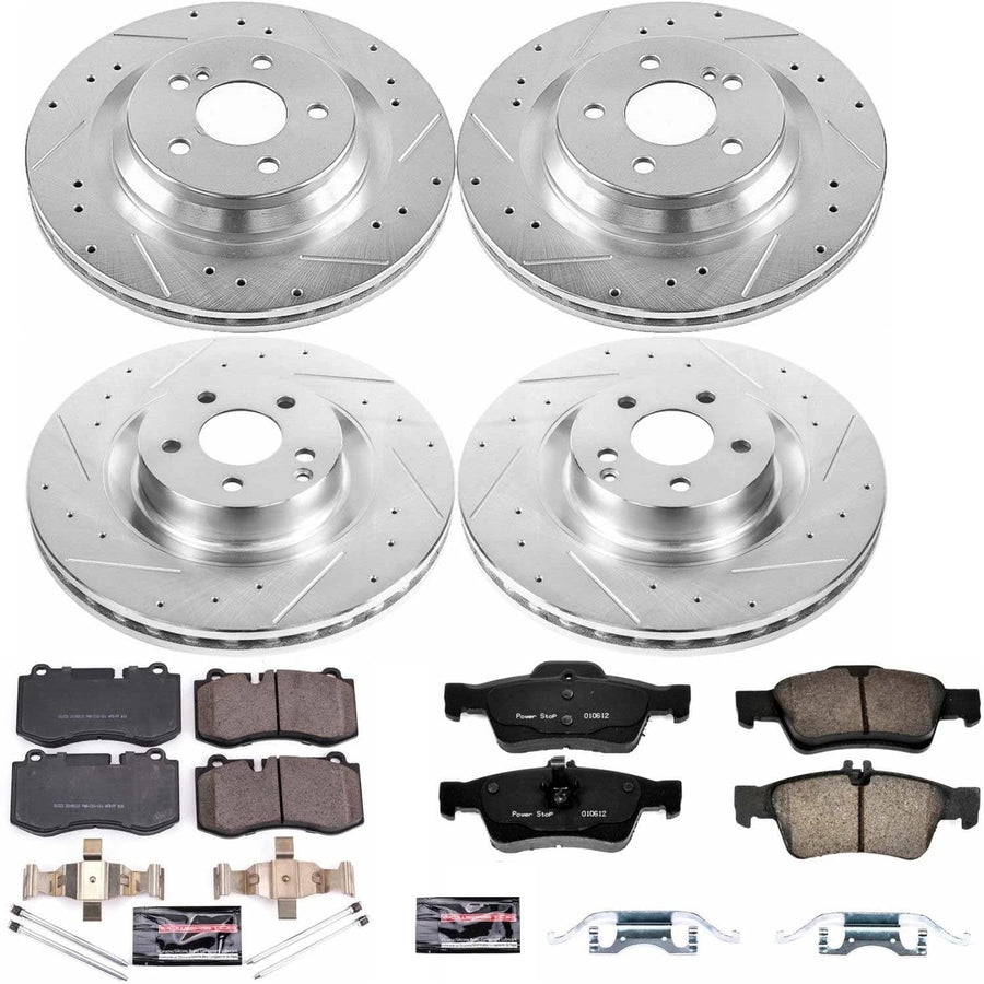 Power Stop K6756 Z23 Carbon Fiber Brake Pads Front and Rear with Drilled & Slotted Brake Rotors Kit and 1 Front & 1 Rear Sensor Wires For CL550, CL600, S350, S400, S550, S600, SL550 [Model Specific]