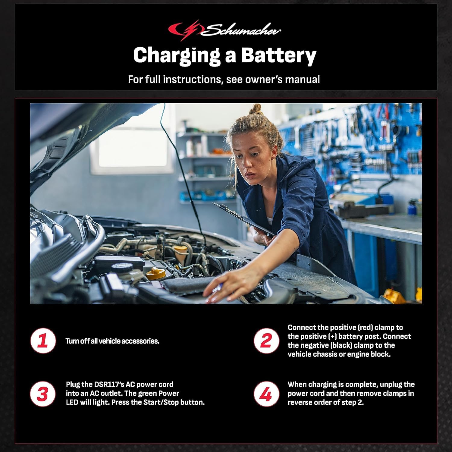 12V Schumacher Electric DSR Pro Series Battery Charger for Cars, Trucks & SUVs - Service-Mode & Reverse Hook-Up Protection - Microprocessor-Controlled - DSR117