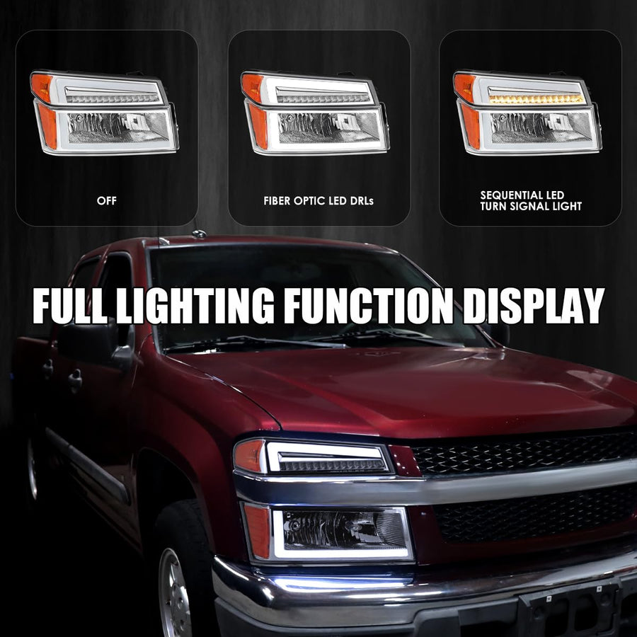 Chrome Headlights + Corner Lights w/LED Tube SPEC-D TUNING Compatible with 2004-2012 Chevy Colorado, GMC Canyon Left+Right Head Lamp Assembly
