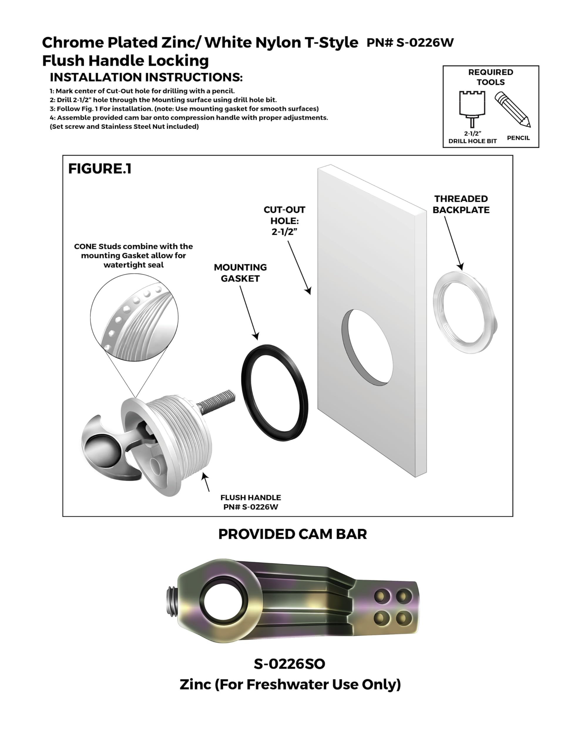 S-0226WC Whitecap T-Handle Latch with Keyed Lock - White-Chrome Plated