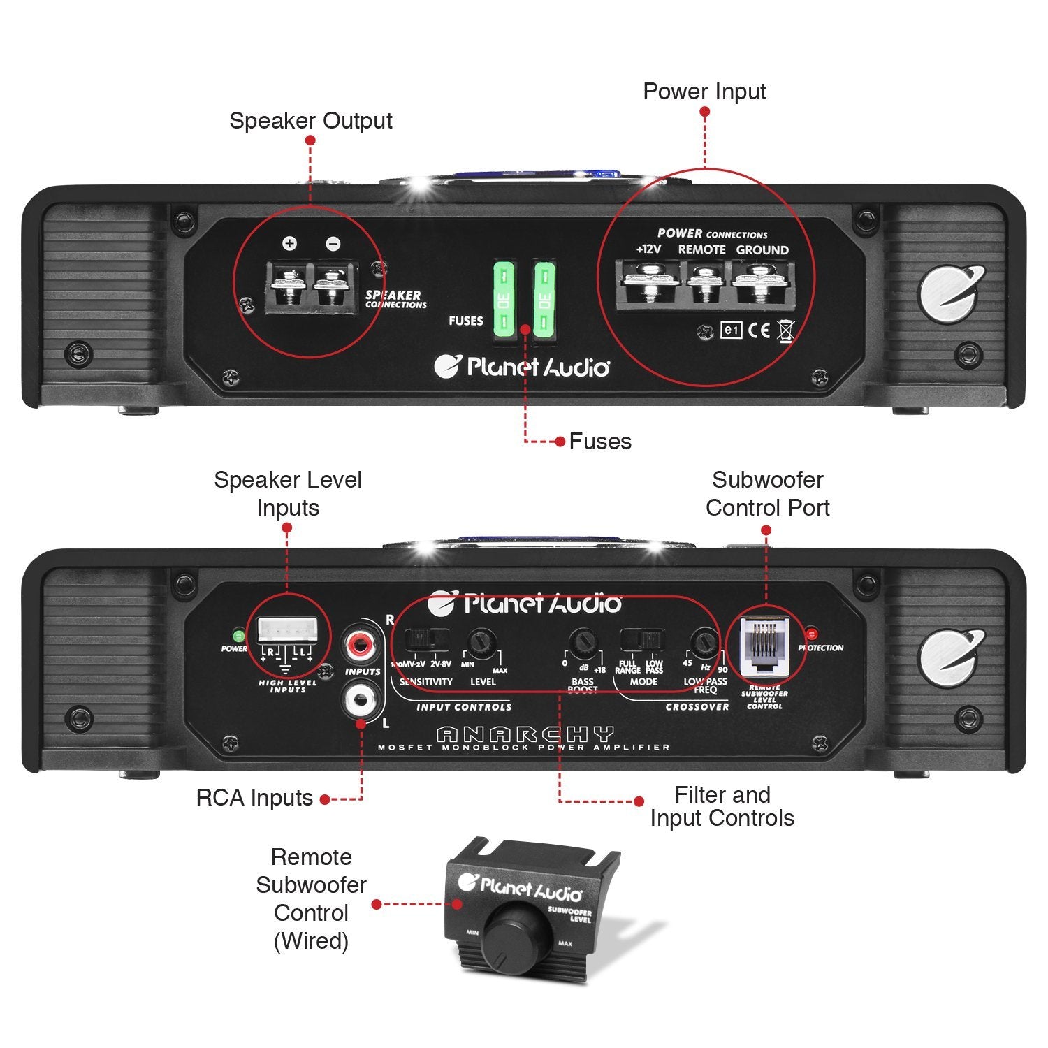 Planet Audio Monoblock AC2500.1M Car Amplifier - 2500 Watts Max Power, 2/4 Ohm Stable, Class A/B, Mosfet Power Supply, Remote Subwoofer Control