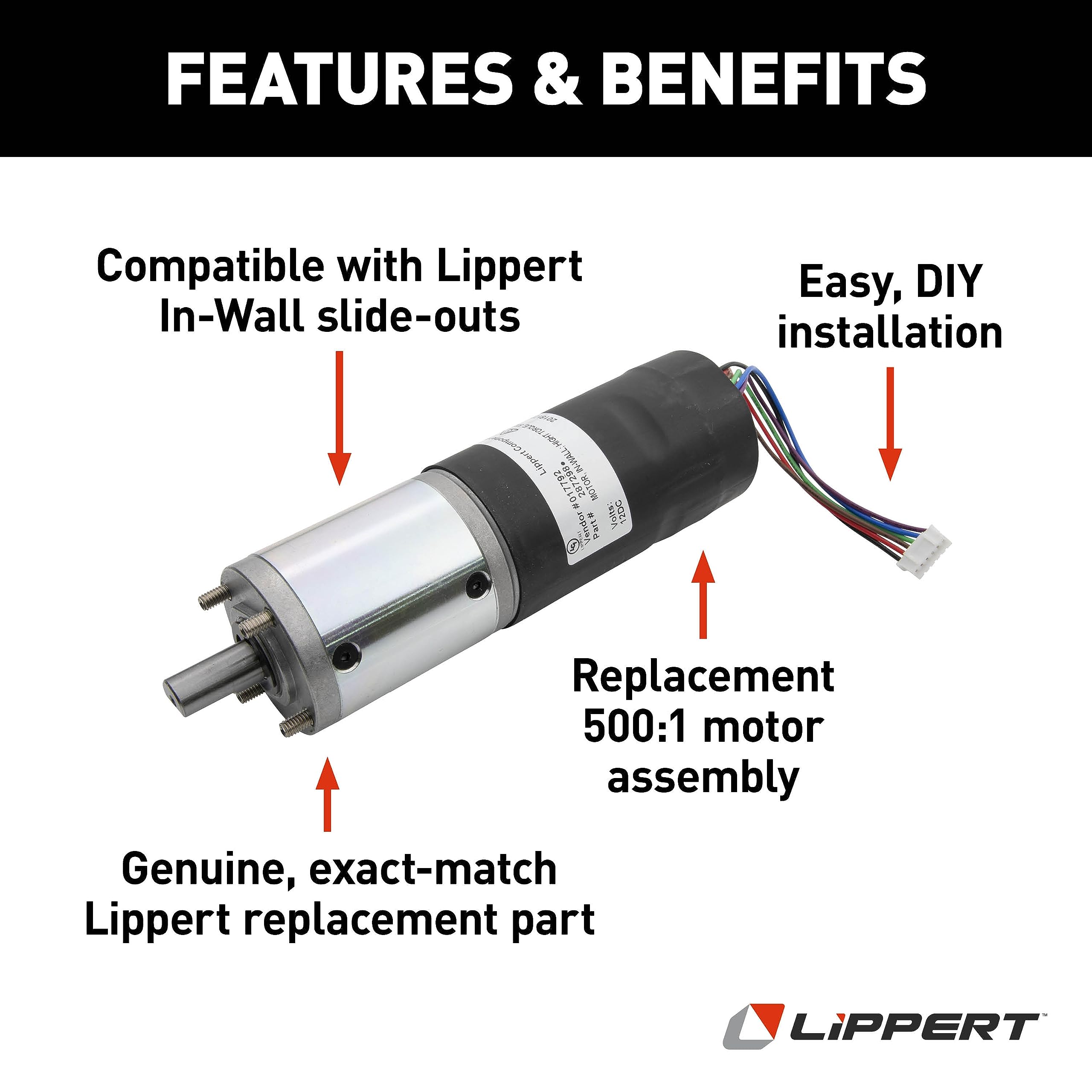 Lippert 500:1 Replacement In-Wall Slide-Out Motor Assembly, High Torque, Replacement motor for In-Wall Slide-Outs, Easy, DIY installation, Exact-Match Component - 287298