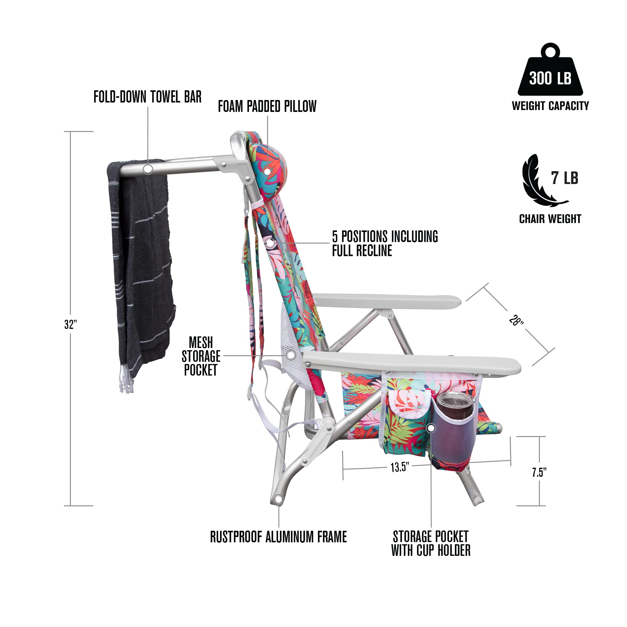 Backpack Hurley Beach Chair, One Size, Aluminum, Tropical