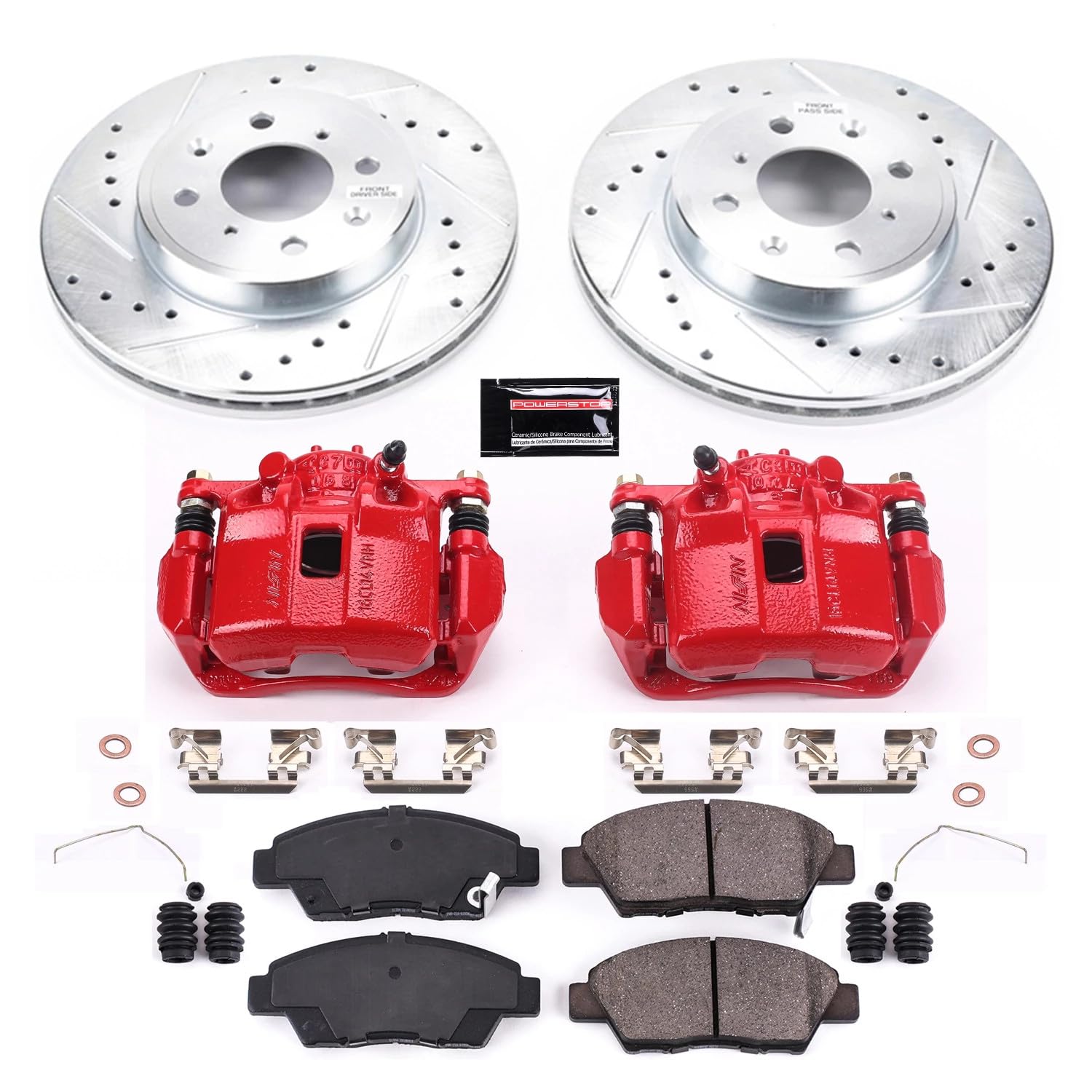 Power Stop Z23 KC7032A Evolution Front Brake Caliper Kit- Brake Rotors, Carbon-Fiber Ceramic Brake Pads, Brake Calipers For Honda Fit 2015-2020 [Model Specific]