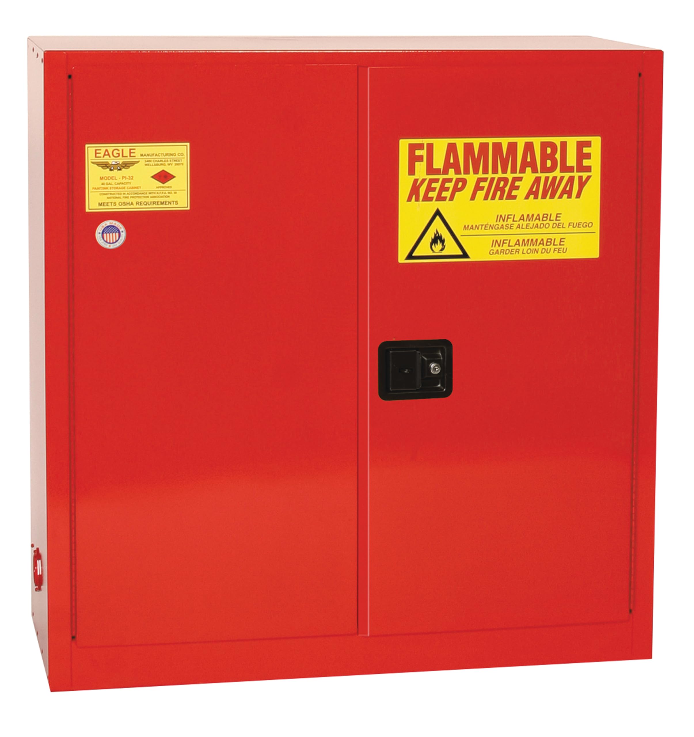 40 Gallon Eagle Paint & Ink Safety Cabinet, 3 Shelves, 2 Manual Closing Doors, Made in The USA, Red, PI32X