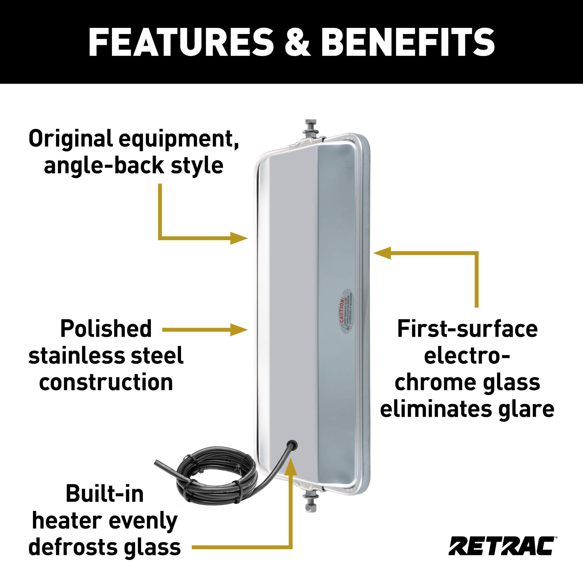 7 x 16-Inch Stainless Steel Rounded Angle-Back Heated West Coast Mirror Head RETRAC, Universal Driver or Passenger Side