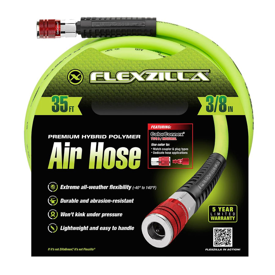 Air Hose Flexzilla with ColorConnex Industrial Type D Coupler and Plug, 3/8 in. x 35 ft., Heavy Duty, Lightweight, Hybrid, ZillaGreen - HFZ3835YW2-D