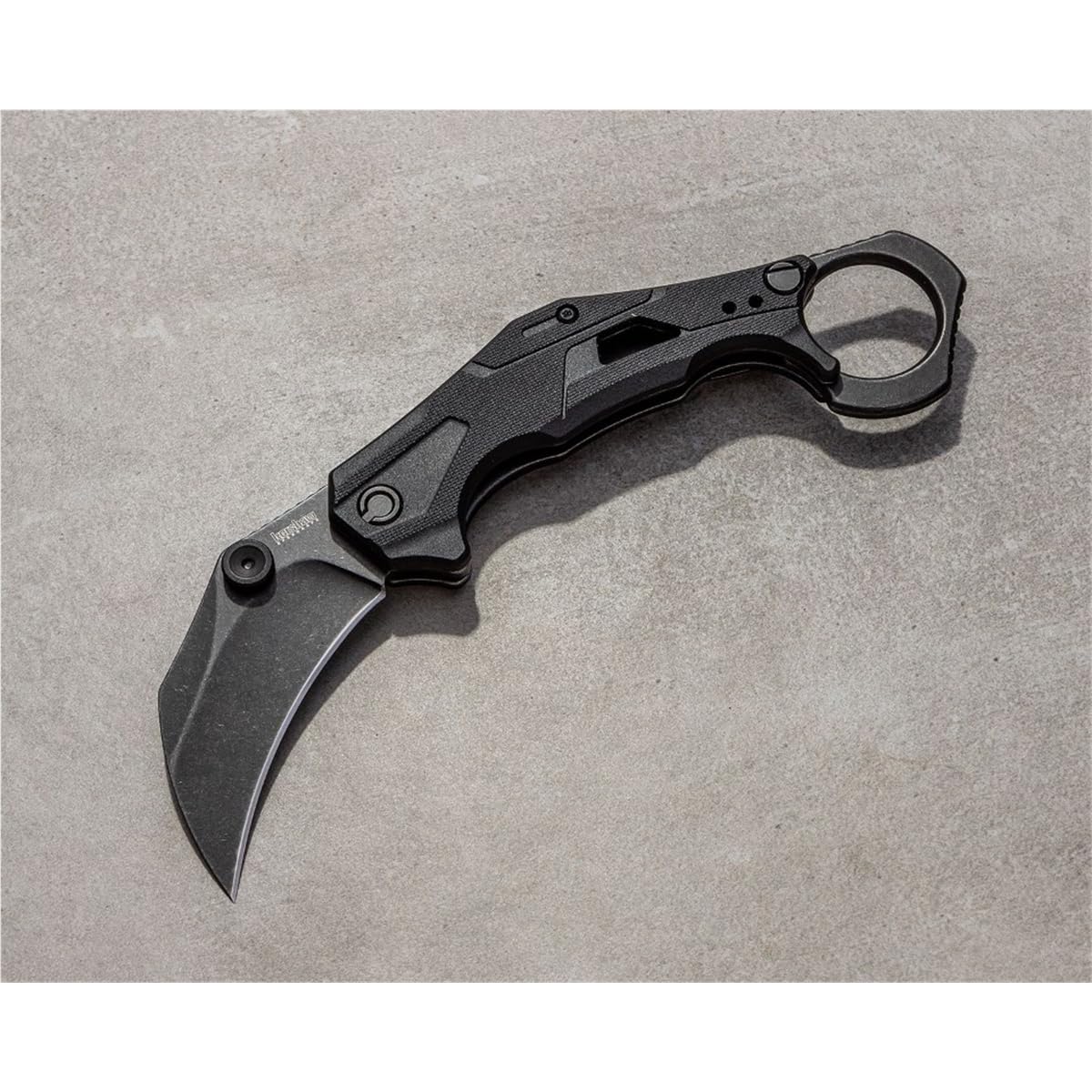 Kershaw Tactical Outlier, Karambit Style Folding Pocket Knife with Assisted Opening, Reverse Grip, Blackwash Finish on Black Handle, Liner Lock, 2.6 inch Blade with Deep Carry Pocketclip