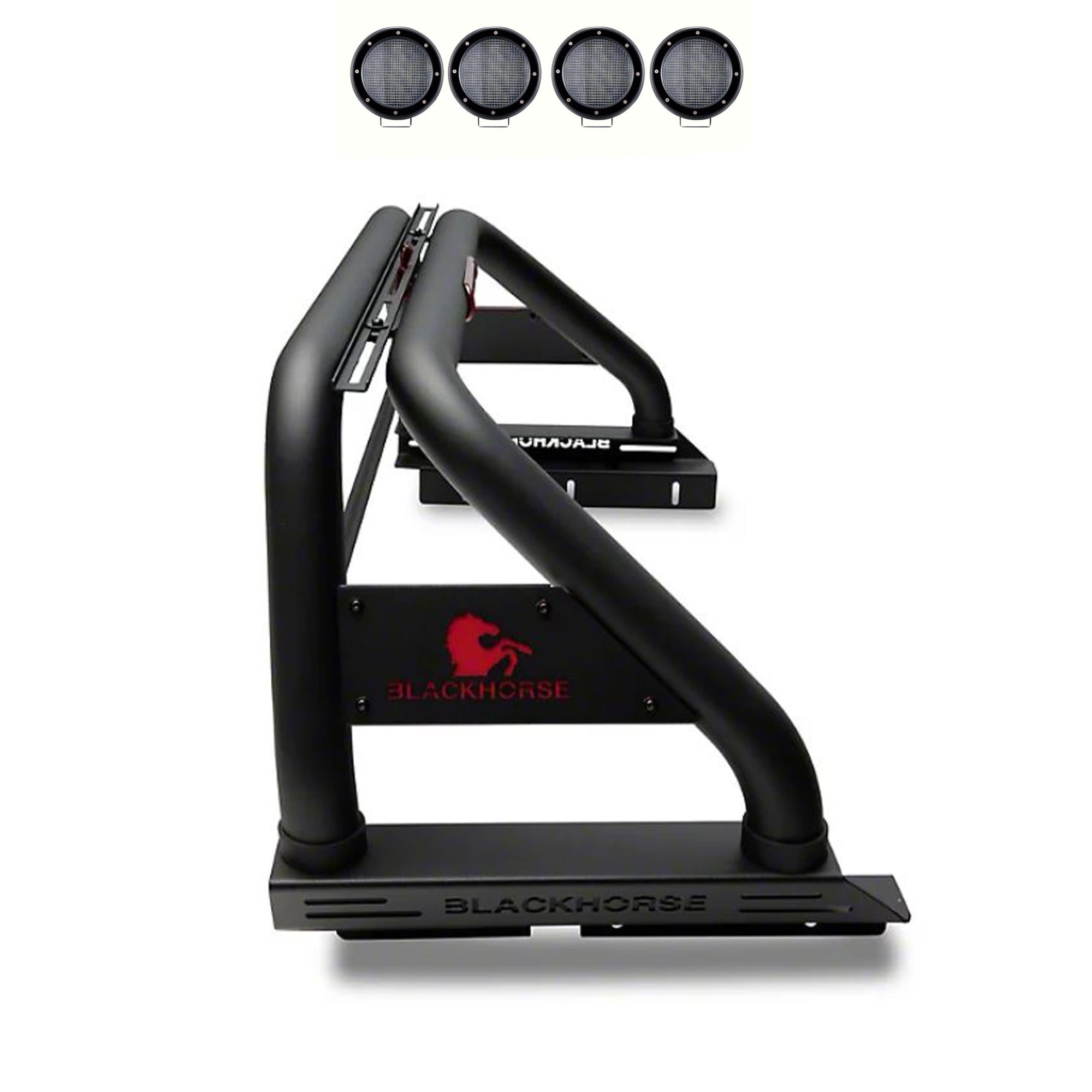 CLASSIC Black Horse Roll Bar Incl. Set of 5.3"Dia.LED Lights w/Black Trim Rings Compatible with 2020-2024 Jeep Gladiator-RB09BK-PLFB