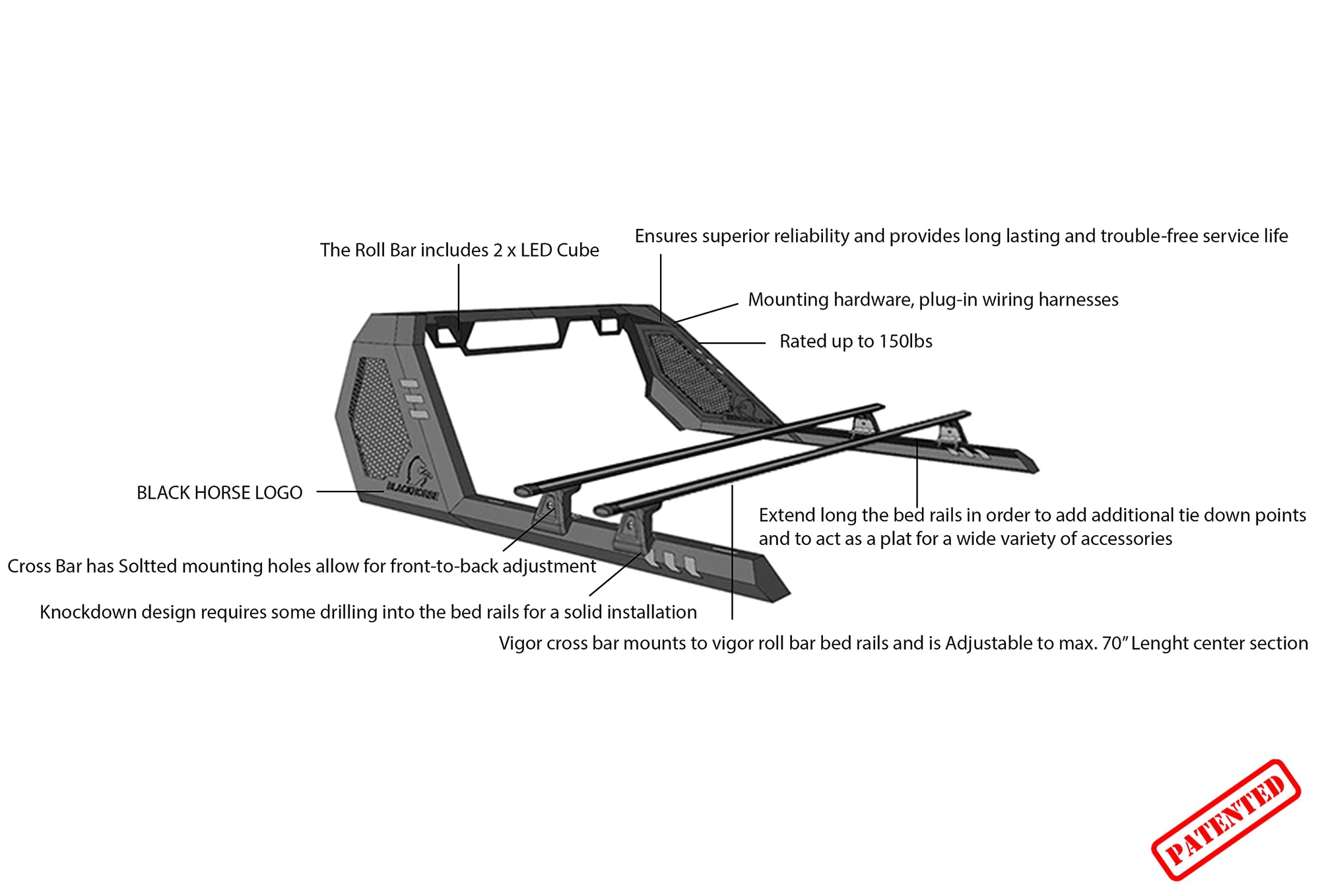 Vigor Roll Bar Black Off Road W/Cross Bar Modular Compatible with 2015-2022 Chevrolet Colorado|2015-2022 GMC Canyon-VRCB6405B