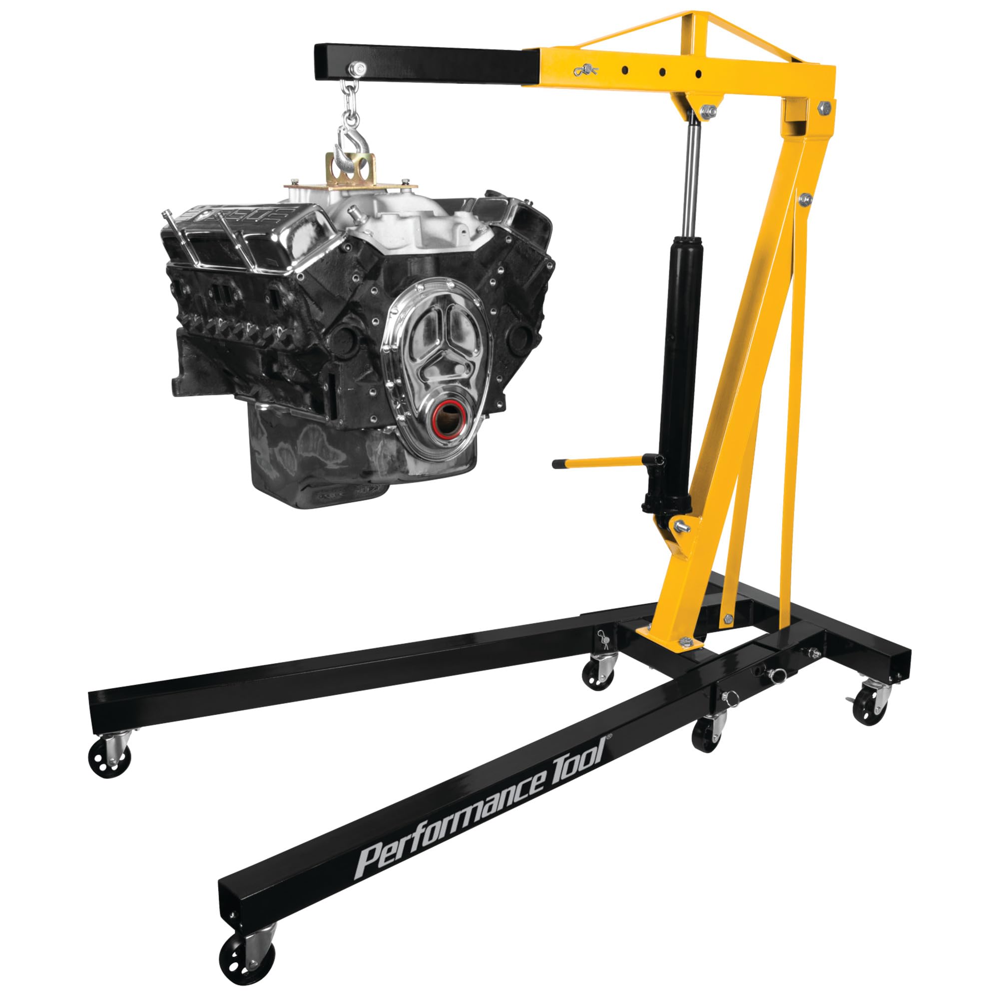 1-Ton Performance Tool W41049 Foldable Shop Crane - Fold-Up Legs, 2,000-Lb. Capacity, Load-Limiting Safety Valve, Yellow