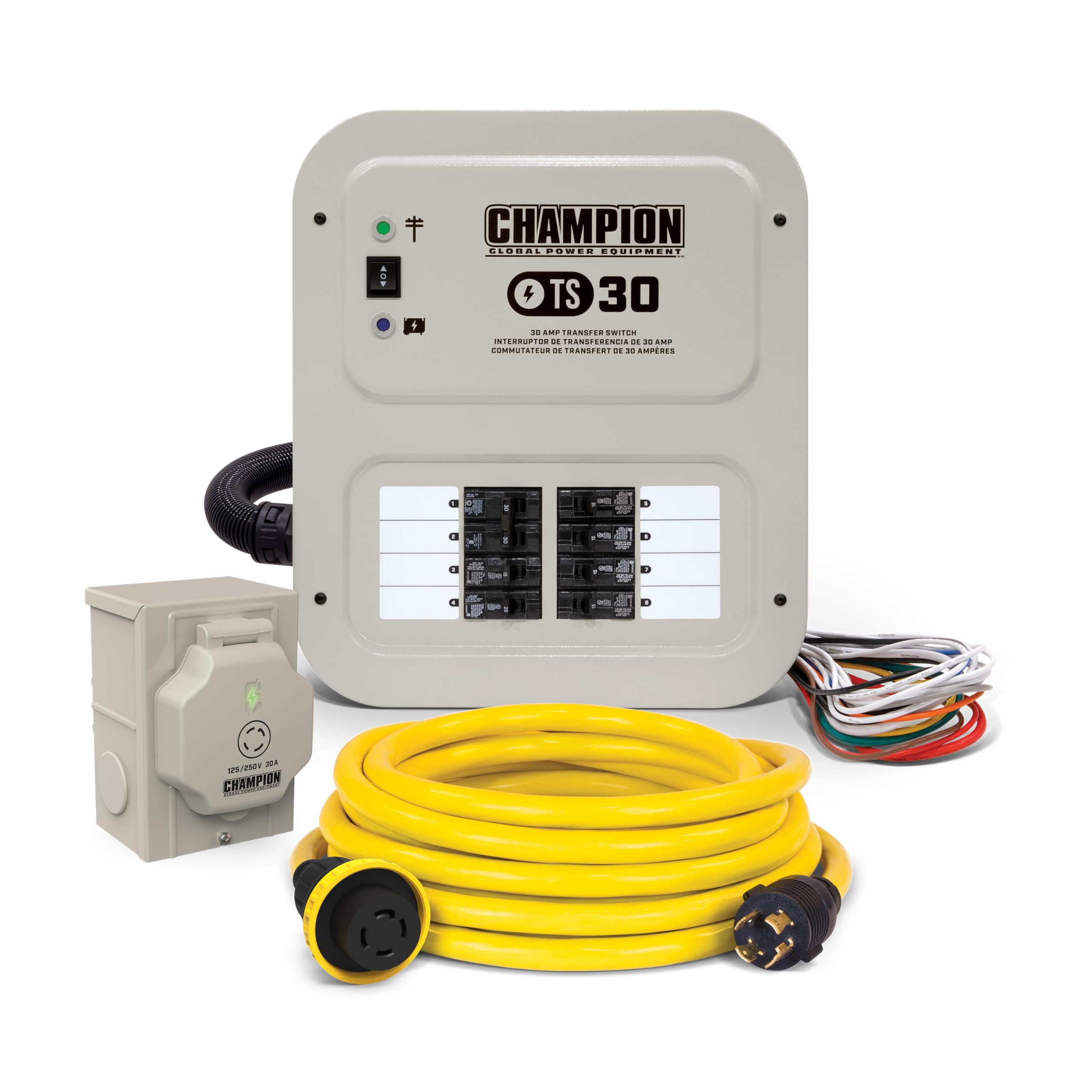 30-Amp Champion Power Equipment Indoor-Rated Manual Transfer Switch with 25-Foot Generator Power Cord and Weather-Resistant Power Inlet Box