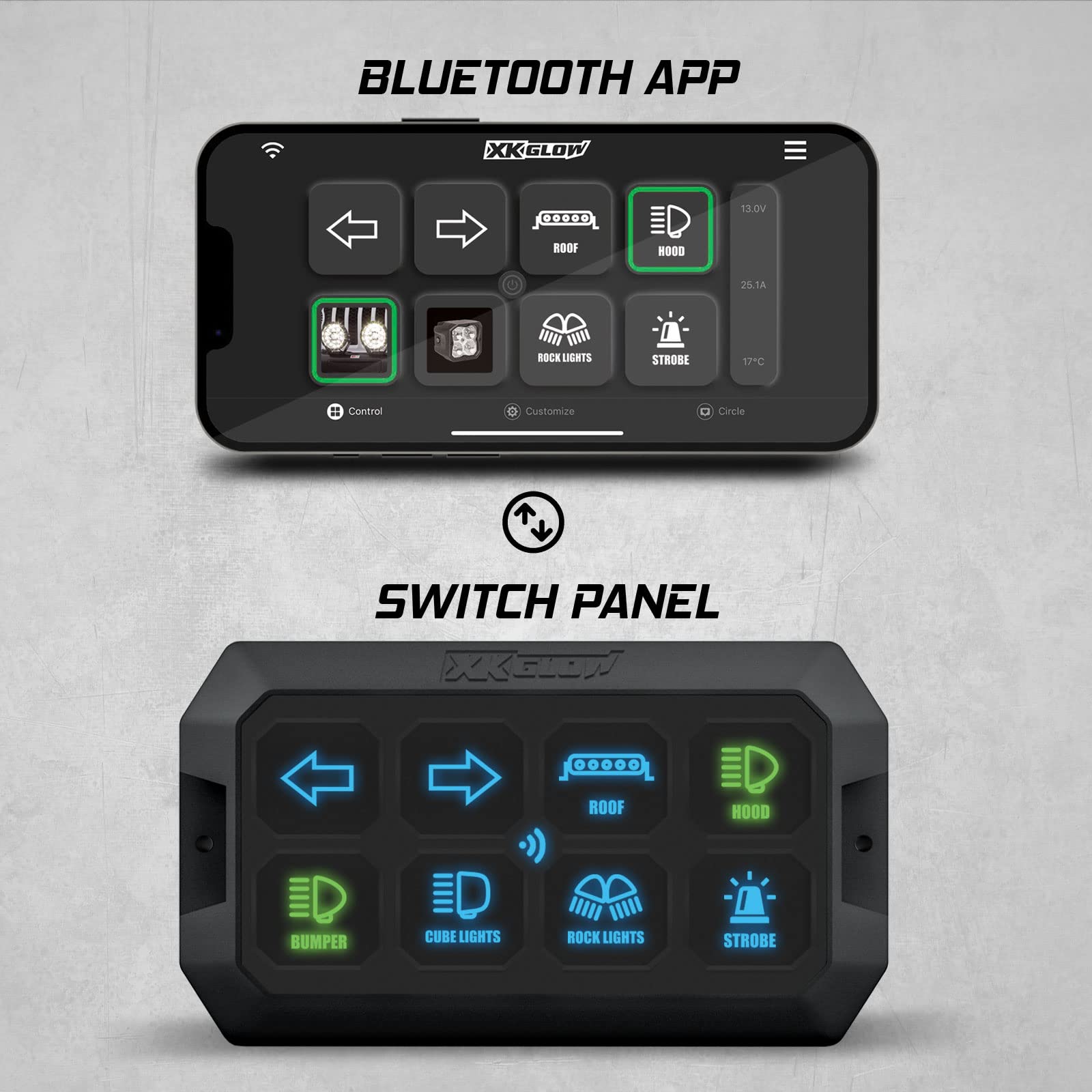 Bluetooth XKcommand RGB Universal Switch Panel Circuit Control Relay System Box with Automatic Dimmable On-Off LED Switch Pod Touch Switch Box for Car Pickup Truck Boat ATV SUV