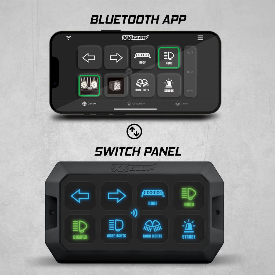 Bluetooth XKcommand RGB Universal Switch Panel Circuit Control Relay System Box with Automatic Dimmable On-Off LED Switch Pod Touch Switch Box for Car Pickup Truck Boat ATV SUV
