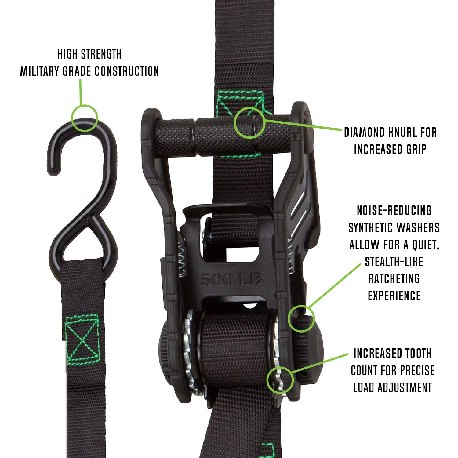 10-Foot Tactical Ratchet Straps SMARTSTRAPS #4628, Haul Light Loads in Pickup Trucks & Trailers, Dirt Bikes, ATV's, Lawn Tractors, 1,500 lb Break Strength 500 lb Safe Work Load, 2-Pack, Black