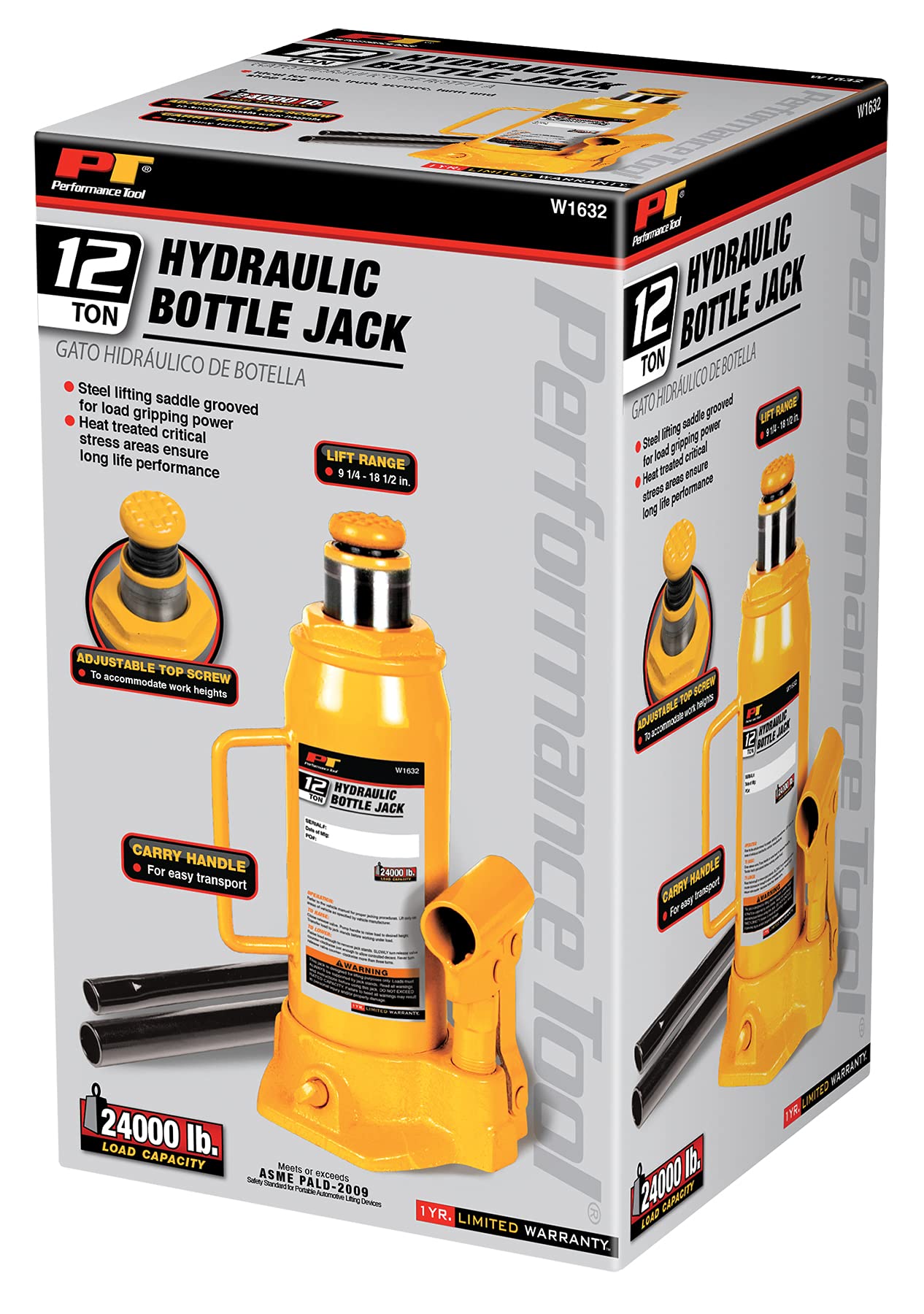 12 Ton Performance Tool W1632 Heavy Duty Hydraulic Bottle Jack, Yellow (24,000 lbs.)