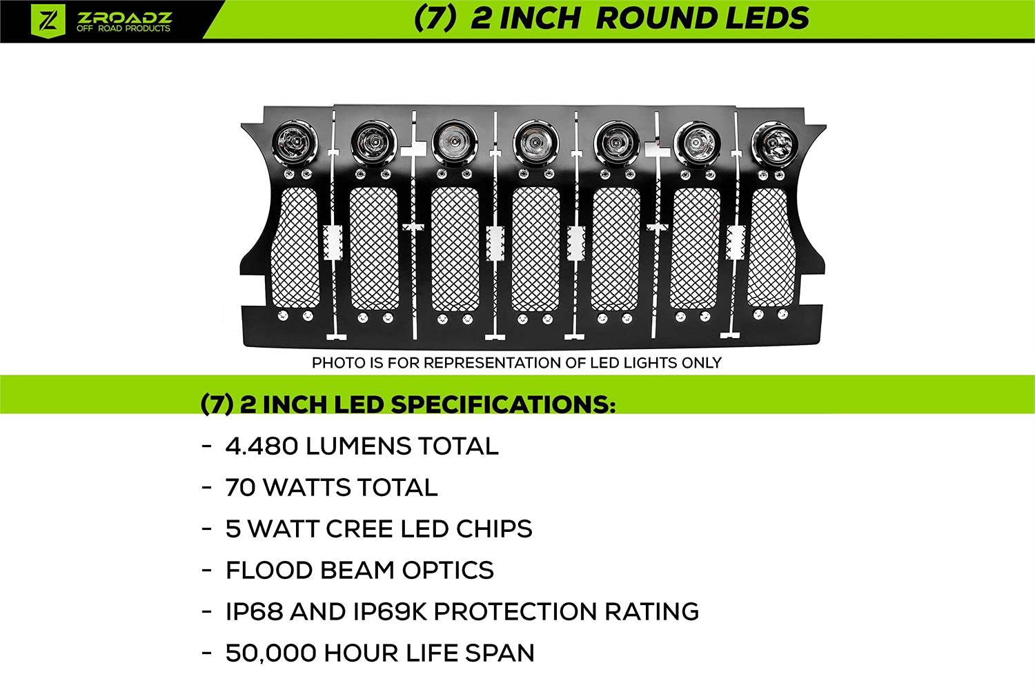 Jeep Gladiator T-Rex Grilles, JL Torch Grille, Black, 1 Pc, Insert with (7) 2 Inch LED Round Lights, Does Not Fit Vehicles with Camera - PN #6314941