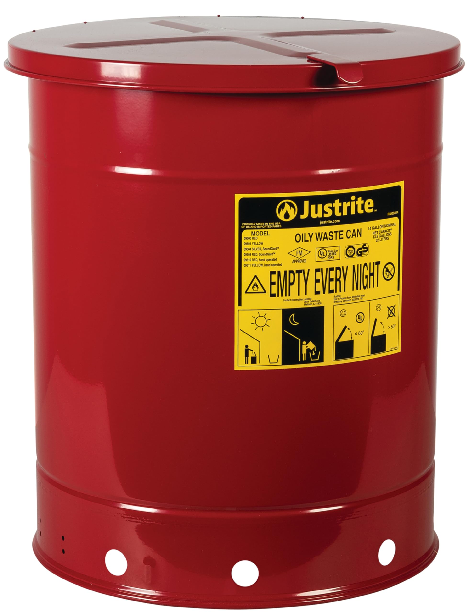 14 Gallon Justrite Galvanized Steel Oily Waste Can, 20" x 16" Metal Oil Rag Safety Can with Hand Operated Self-Closing Lid for Oil Rag Disposal, Made in The USA, Red, 09510