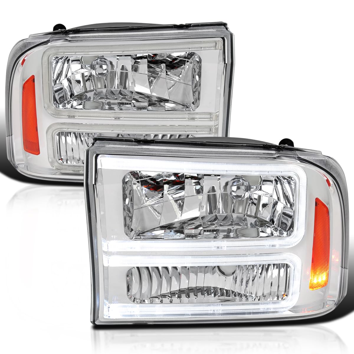 Chrome Headlights SPEC-D TUNING with LED Bar Compatible with 1999-2004 Ford F-250, F-350, F-450 SuperDuty, 2000-2004 Excursion, Left + Right Head Lights Assembly