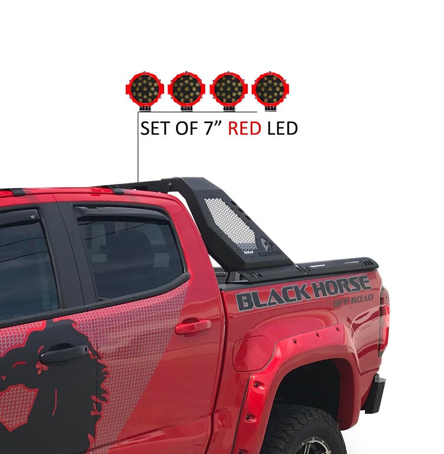 Vigor Roll Bar Black Horse Incl. Pair of 7.0" Dia. LED Lights w/Red Trim Rings Modular Black Compatible with 2015-2024 Chevrolet Colorado|2015-2024 GMC Canyon-VIRB05B-PLR