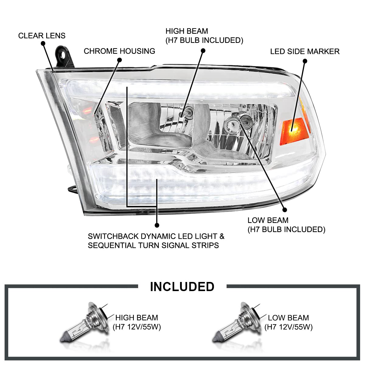Switchback Sequential LED Signal Strip Headlights SPEC-D TUNING w/Startup Animation Compatible with 2009-2018 Dodge Ram 1500, 2010-2018 Ram 2500 3500, Left + Right Pair Headlamps Assembly