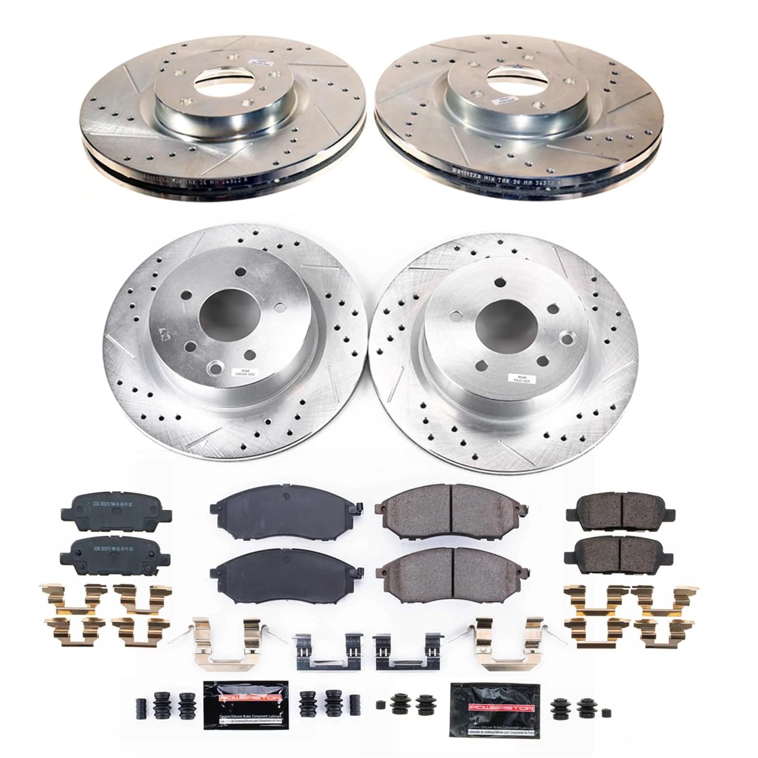 POWERSTOP Z23 Carbon-Fiber Ceramic Brake Pads and Drilled and Slotted Rotors Brake Kit Front and Rear [Vehicle Specific] For INFINITI EX35, INFINITI, INFINITI, Nissan [Model Specific]