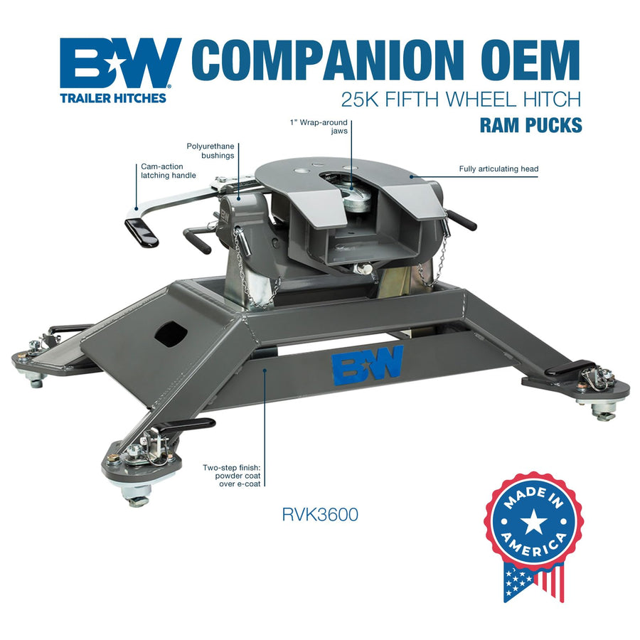 25K Companion OEM Fifth Wheel Hitch B&W Trailer Hitches - Compatible with Ram OEM Puck System - RVK3600