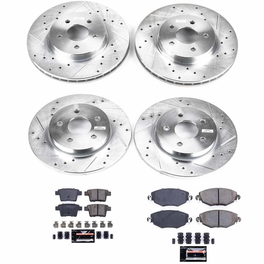 Power Stop K1374 Z23 Carbon Fiber Brake Pads with Drilled & Slotted Brake Rotors Kit Front and Rear For Jaguar X-Type 2005-2008 [Model Specific]