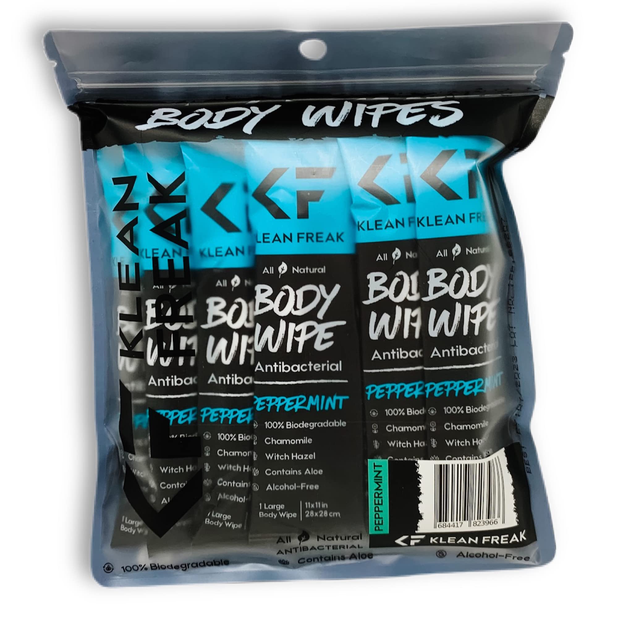 The Body Wipes Klean Freak - 12 count Individually Wrapped | Showerless Body Wipe for Women & Men | Sustainable Bodywipes for Gym, Travel, Camping | Peppermint