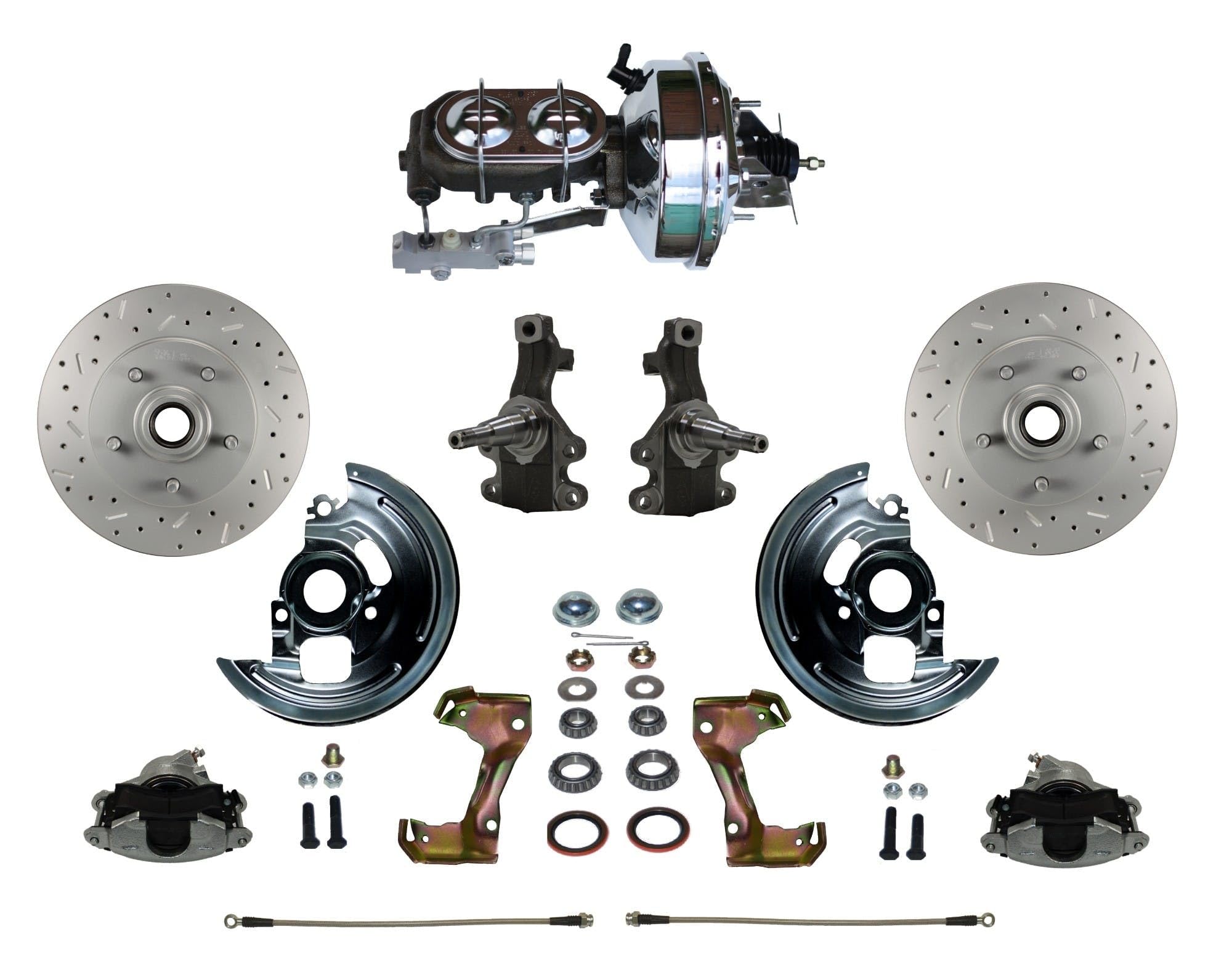 Power Front Disc Brake Conversion Kit LEED BRAKES 2" Drop Spindle Cross Drilled And Slotted Rotors With 9" Chrome Booster Cast Iron Chrome Top M/C Disc/Disc Side Mount