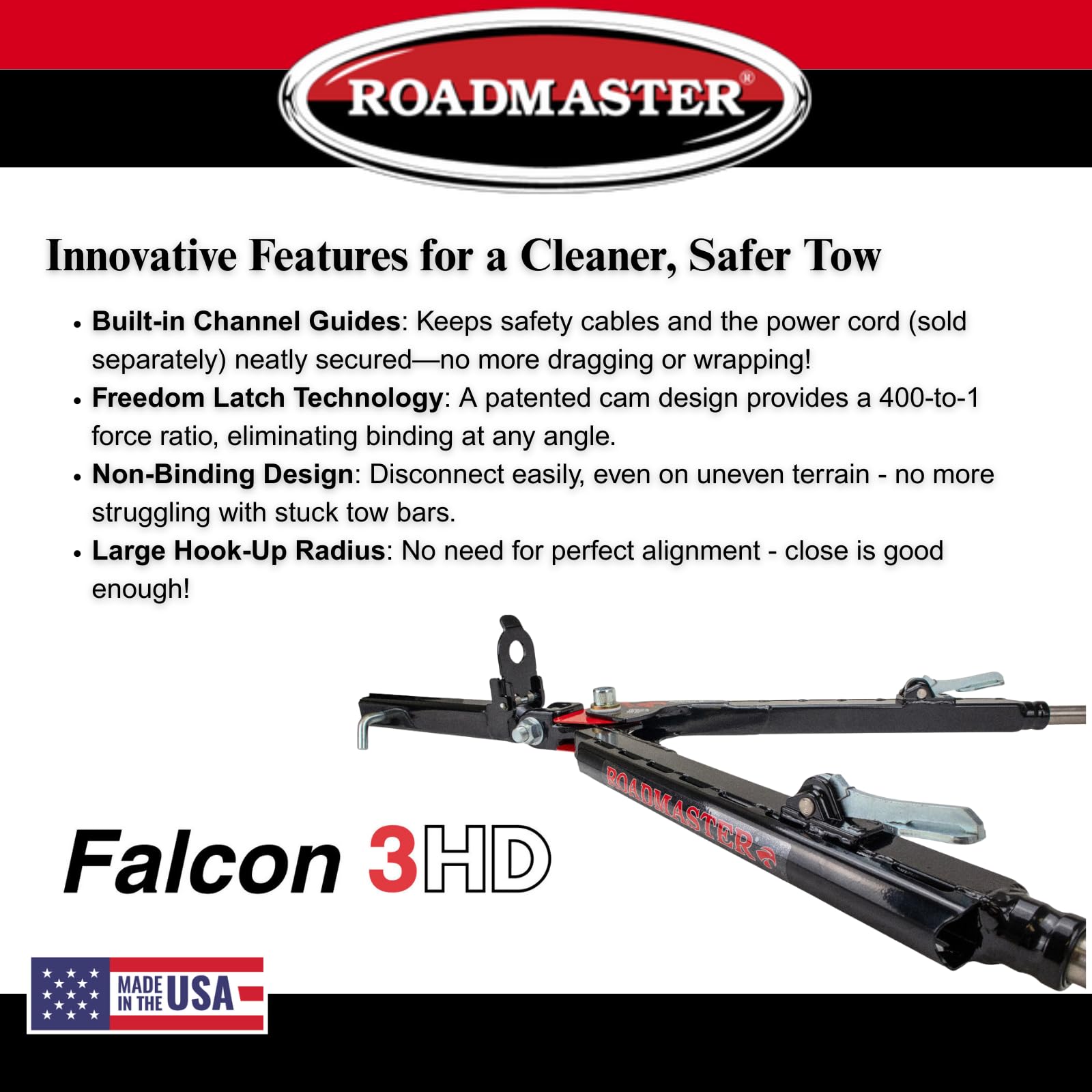 Falcon 3HD Roadmaster Tow Bar fits Roadmaster Baseplates | Hauls Up to 10,000 lbs | Self-Aligning Arms | Non-Binding Design | Large Hook-Up Radius | Powder-Coated Finish
