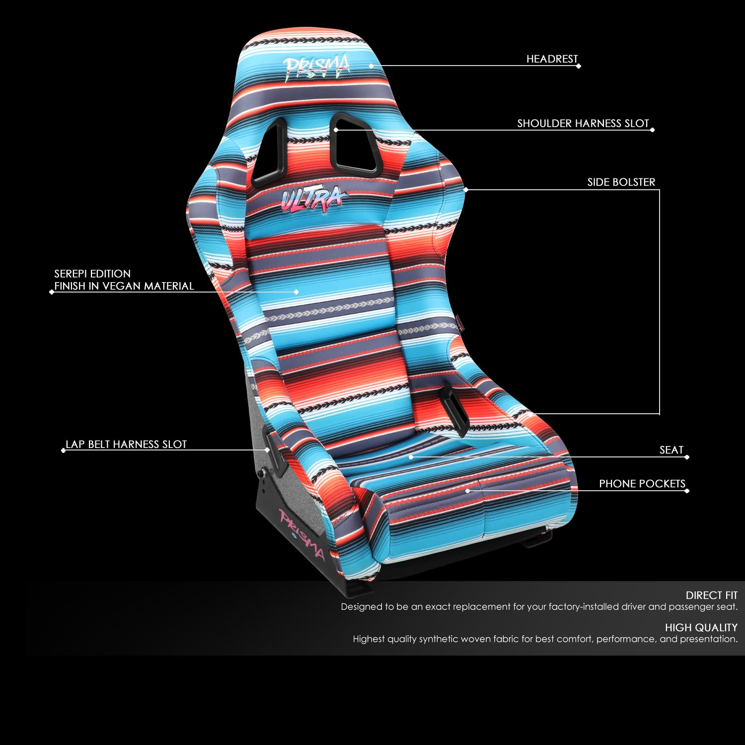 NRG Innovations Fixed Back Bucket Racing Seat Prisma with Bottom Mount Bracket, 22" W X 34" H X 16" D, Red White Blue Black Pink Serape Print, FRP-303-BAJACALI