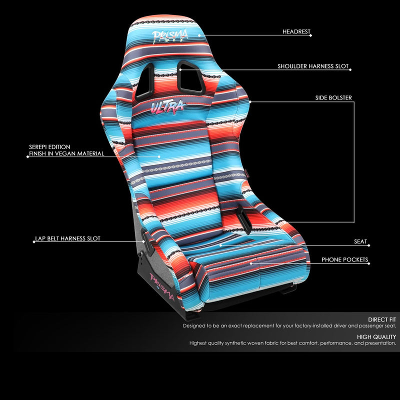 NRG Innovations Fixed Back Bucket Racing Seat Prisma with Bottom Mount Bracket, 22" W X 34" H X 16" D, Red White Blue Black Pink Serape Print, FRP-303-BAJACALI