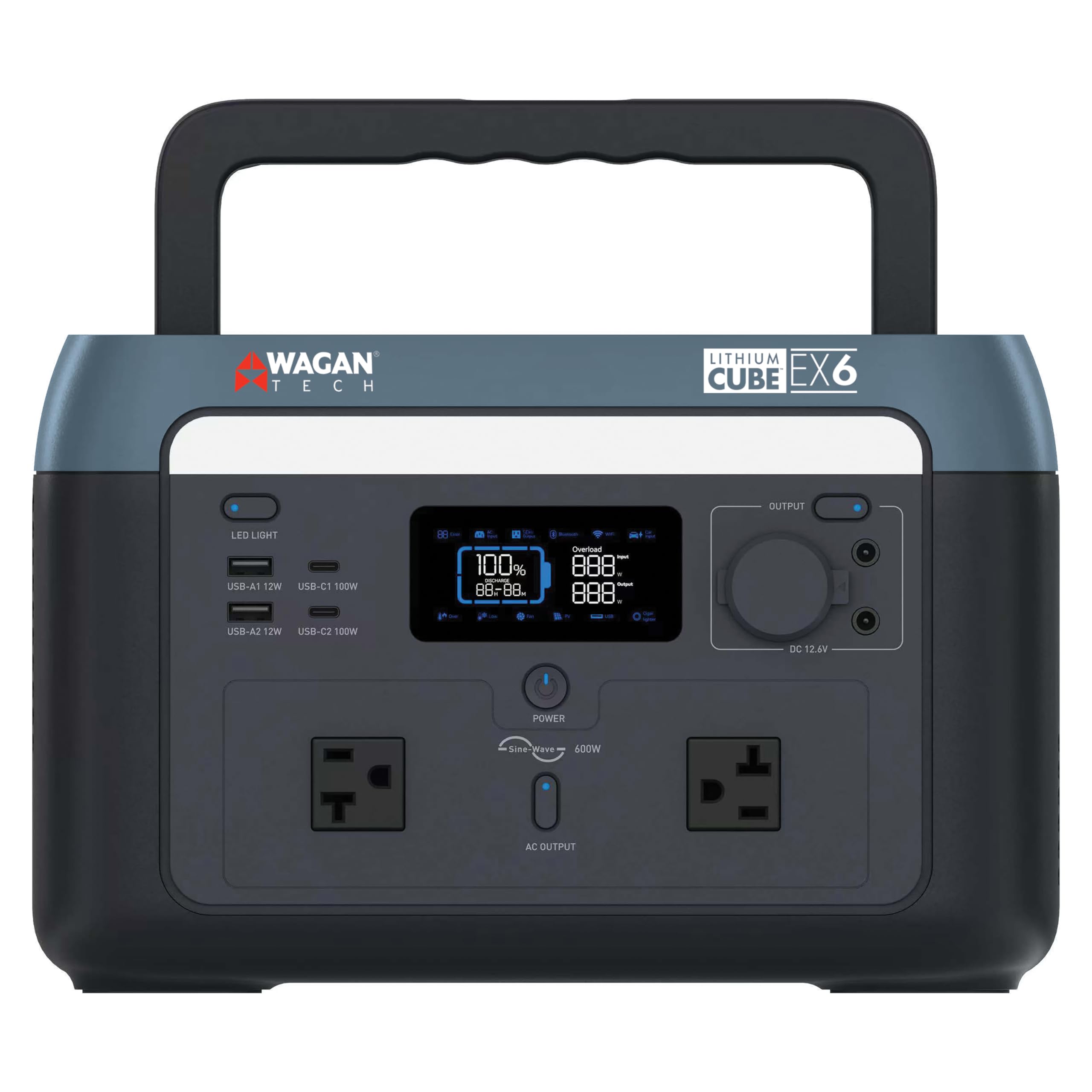 Wagan Portable Power Station EL8838 600W Lithium Cube Solar Generator 512Wh LiFePO4 Battery Fast Charge 600W 1000W peak AC/100W USB-C for Home Backup, Power Outages, Outdoor Camping, Off-grid
