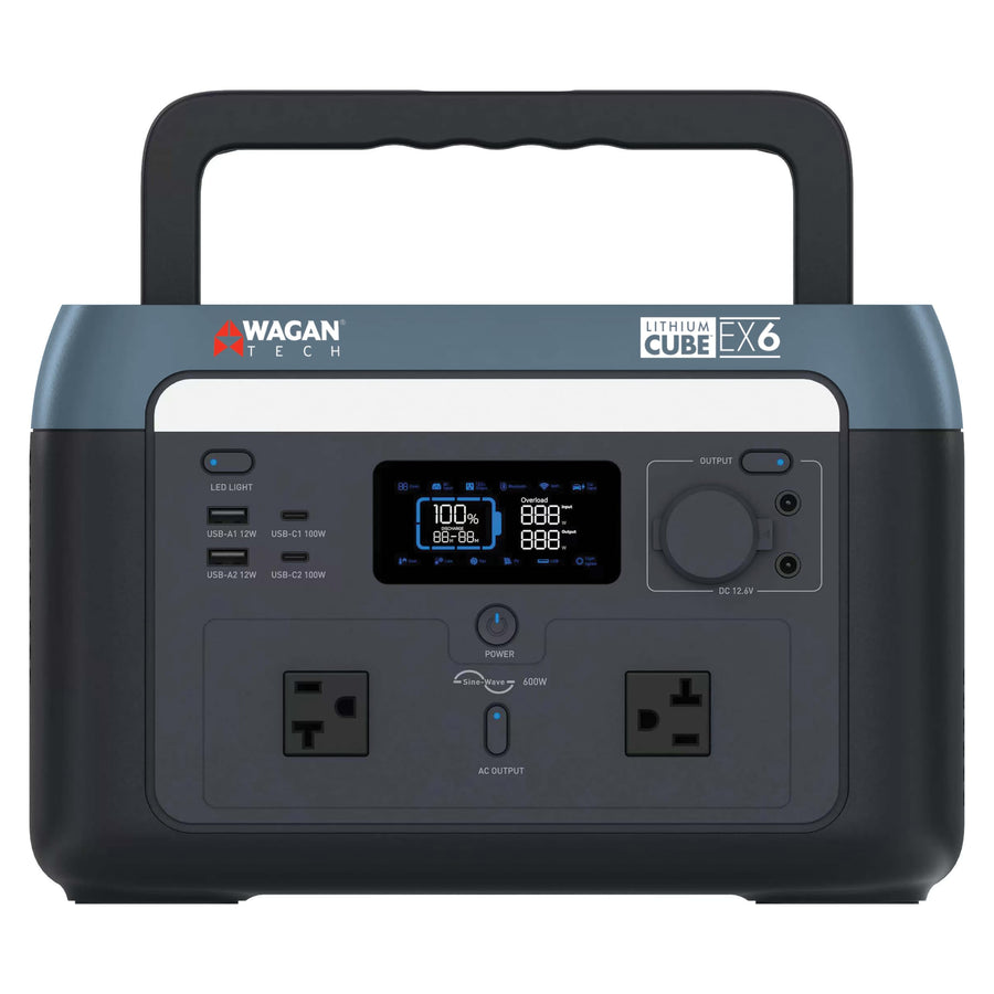 Wagan Portable Power Station EL8838 600W Lithium Cube Solar Generator 512Wh LiFePO4 Battery Fast Charge 600W 1000W peak AC/100W USB-C for Home Backup, Power Outages, Outdoor Camping, Off-grid