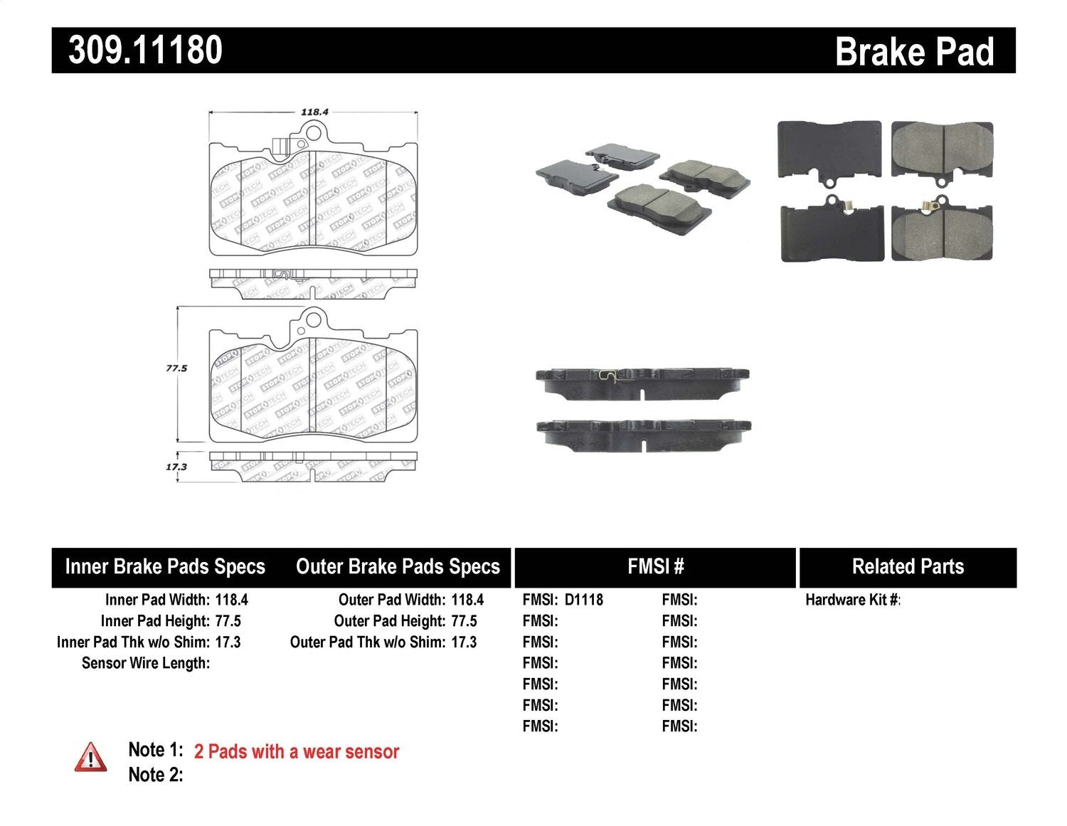 Sport Brake Pads StopTech 309.11180 with Shims and Hardware