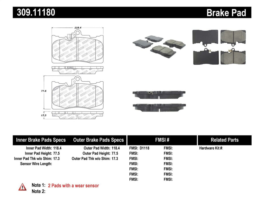 Sport Brake Pads StopTech 309.11180 with Shims and Hardware