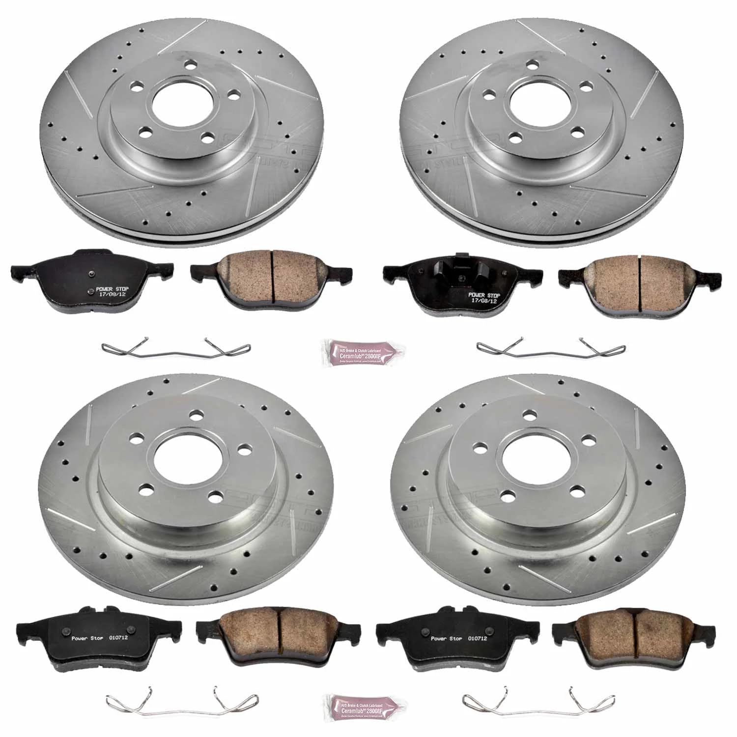 Power Stop K4051 Z23 Carbon Fiber Brake Pads Front and Rear with Drilled & Slotted Brake Rotors Kit For Volvo C30, Volvo C70, Volvo S40, Volvo V50 [Model Specific]