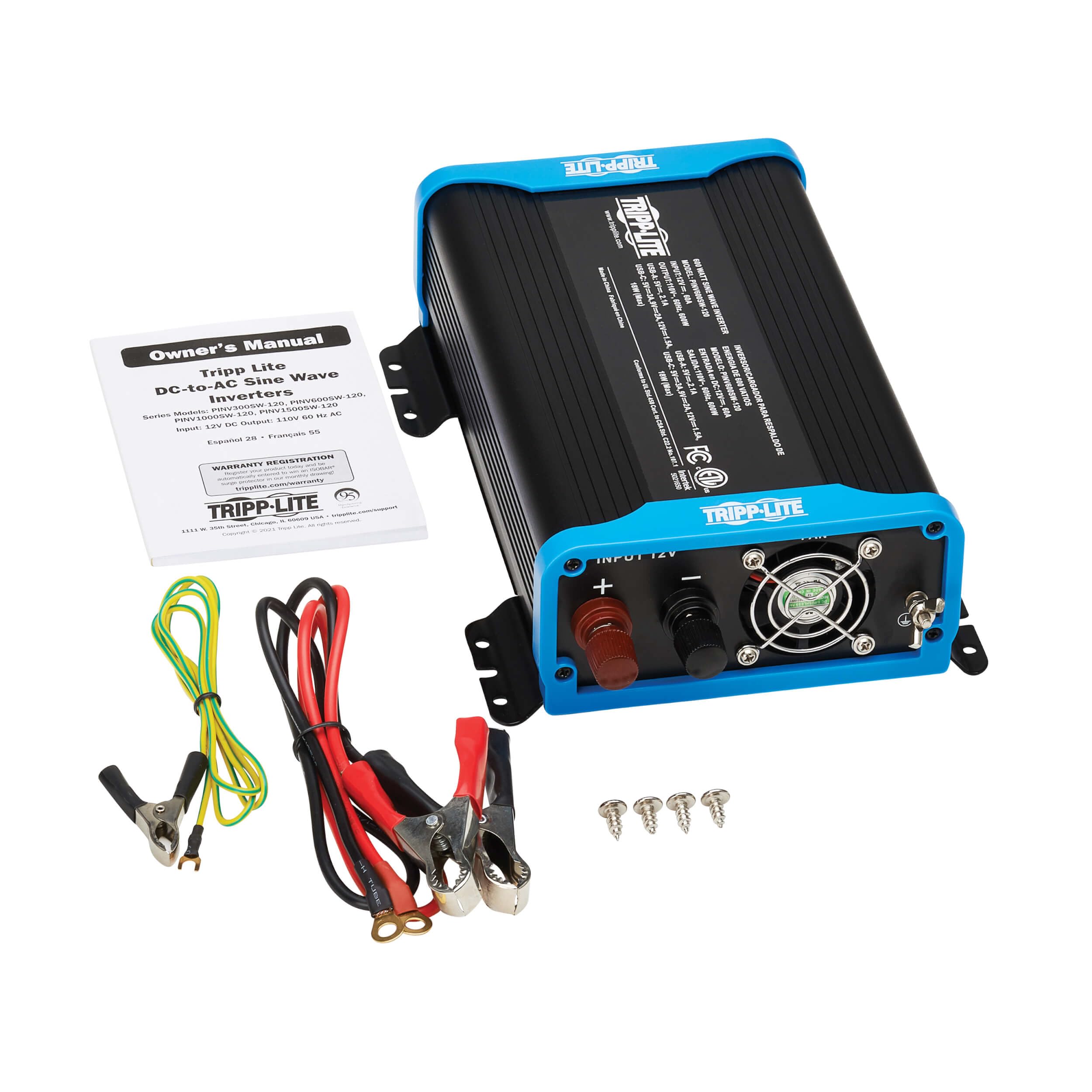 600W Tripp Lite Compact Pure Sine Wave Power Inverter, 3 Outlets, 1 USB + 1 USB-C Charging Ports, Remote Control via RJ12 Telephone Cable, Included Mounting Brackets, 2-Year Warranty (PINV600SW-120)