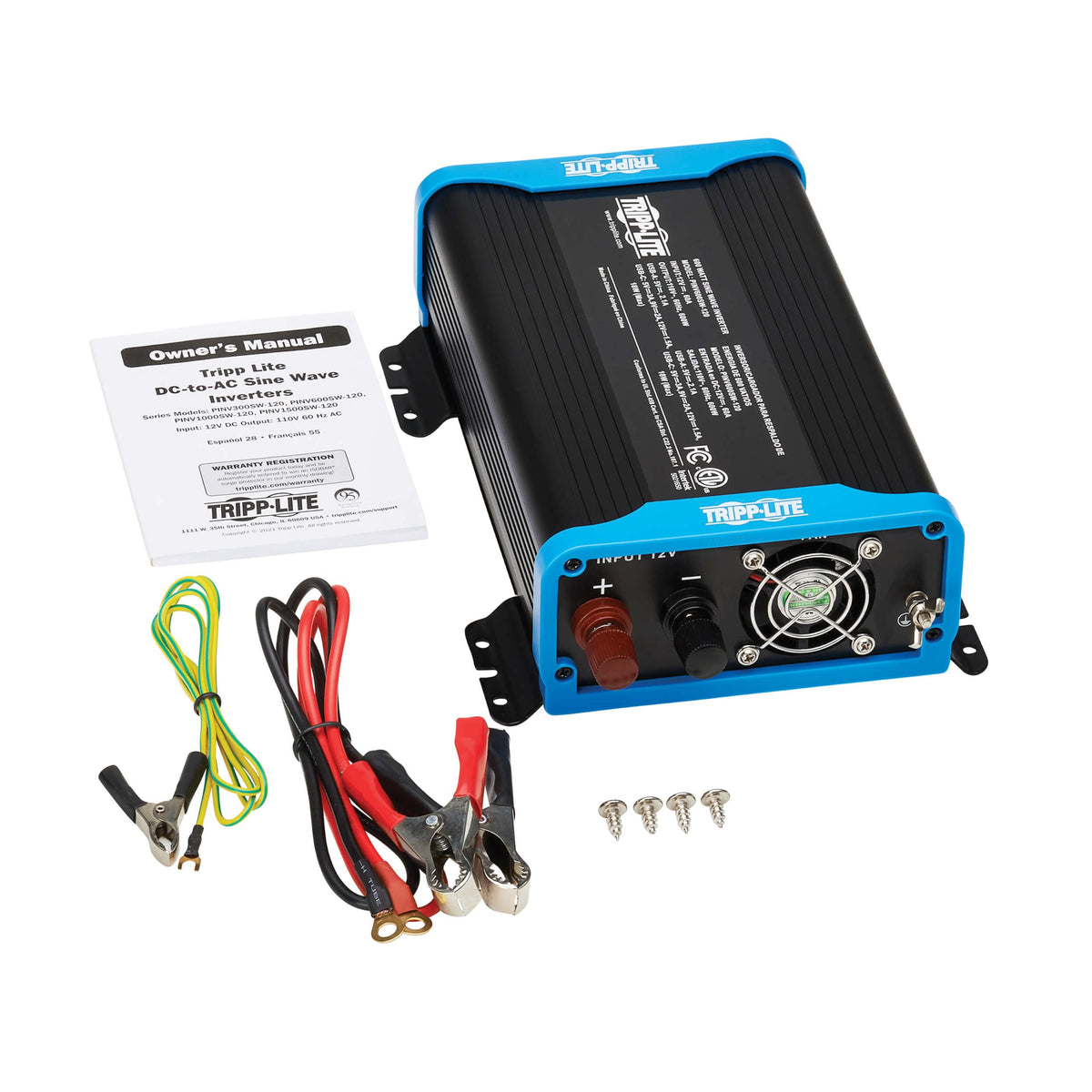 600W Tripp Lite Compact Pure Sine Wave Power Inverter, 3 Outlets, 1 USB + 1 USB-C Charging Ports, Remote Control via RJ12 Telephone Cable, Included Mounting Brackets, 2-Year Warranty (PINV600SW-120)