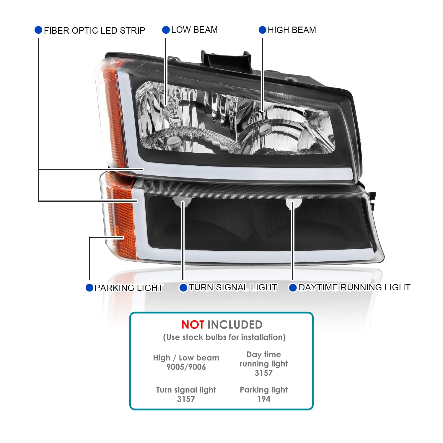 Black LED Bar Headlights Spec-D Tuning Compatible with 2003-2007 Chevy Silverado, Left + Right Pair Headlamps Assembly