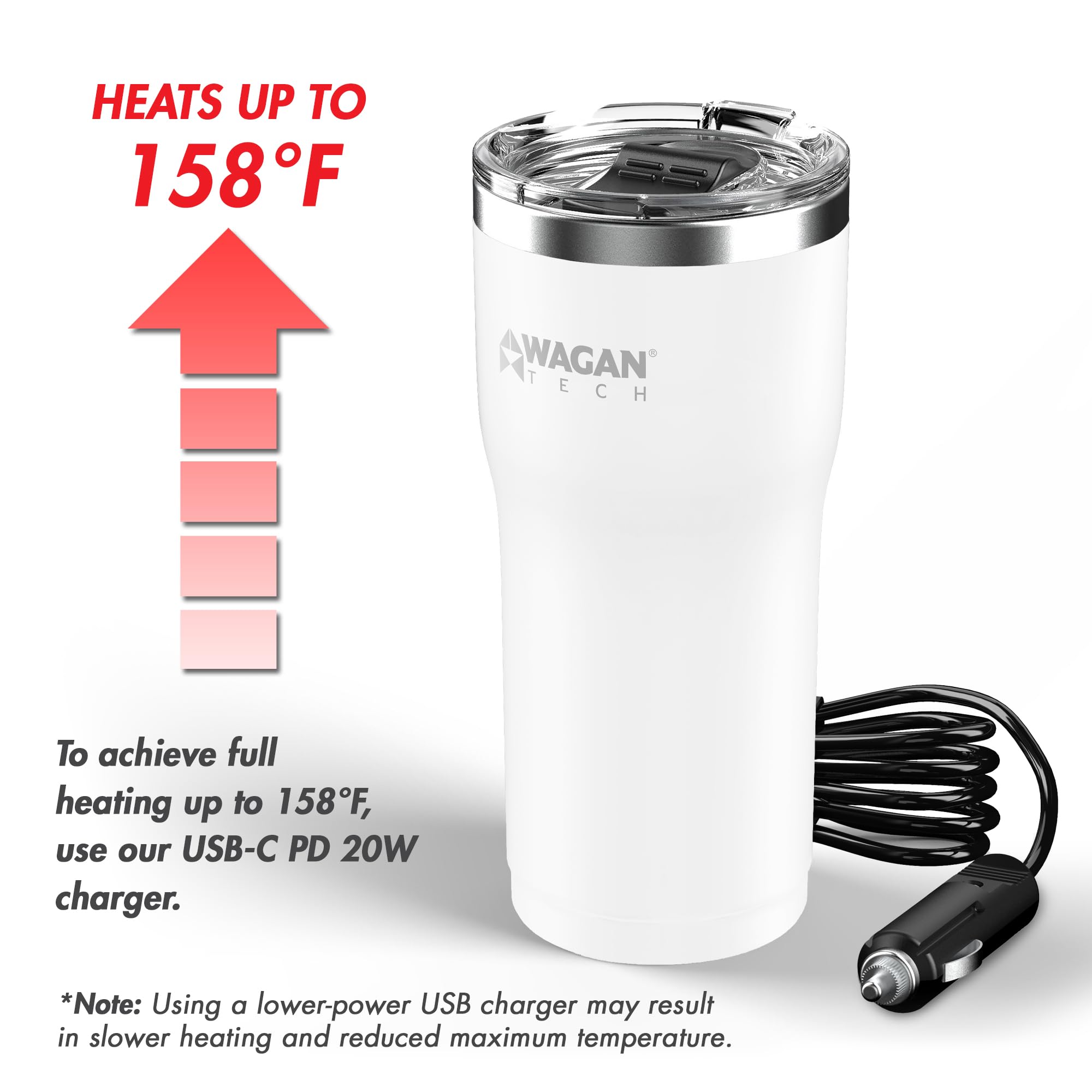 12V Travel Car Wagan EL6102 Heated Mug Portable 16oz Stainless Steel Anti-Spill Lid Slip resistant base Car Coffee Warmer Coffee Cup USB–C PD20W 12V DC (White)