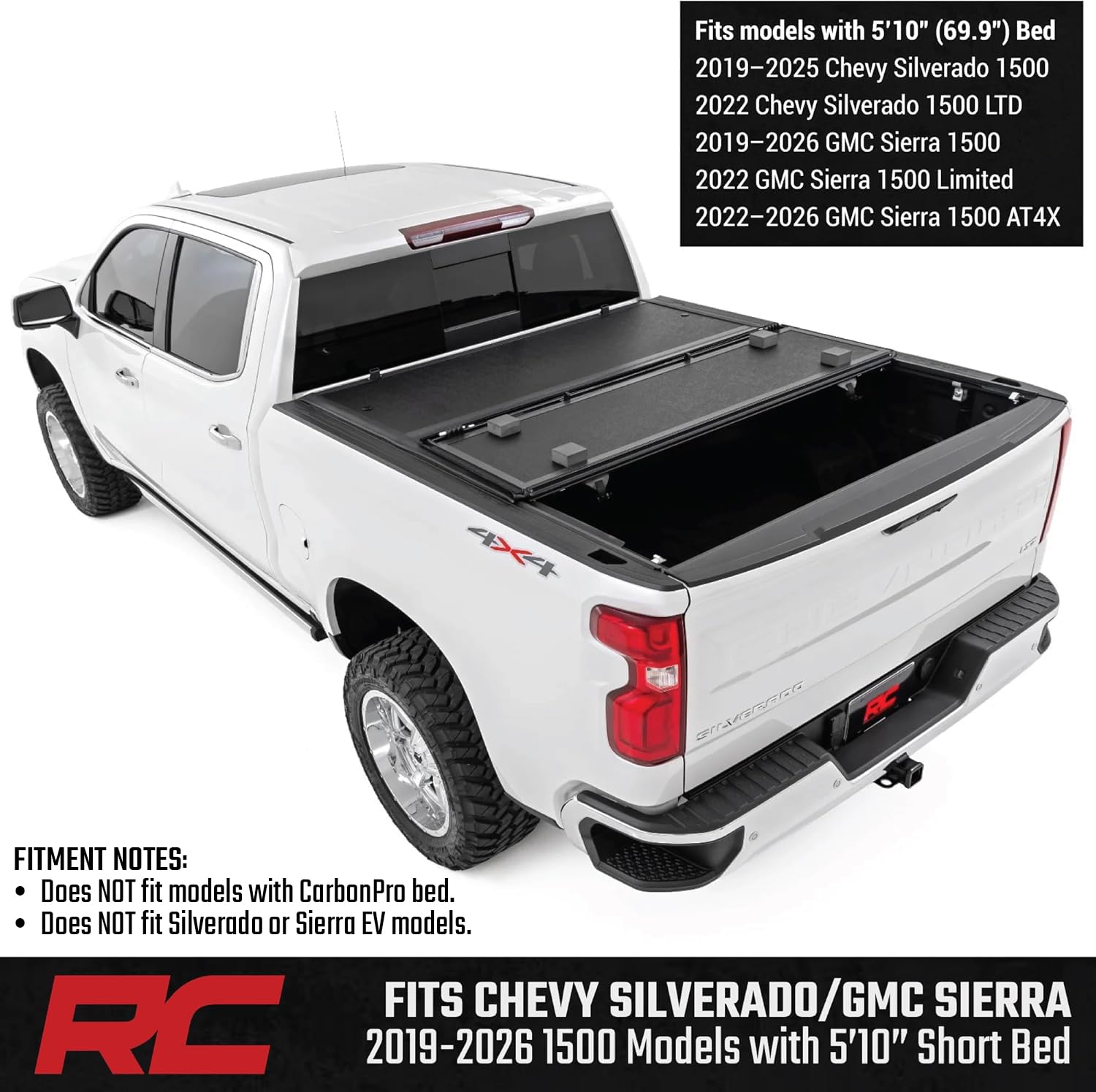 Rough Country Tonneau Cover Hard Tri-Fold for Chevy Silverado & GMC Sierra 1500 (2019–2026) - Low-Profile Aluminum Truck Bed Cover, Fits 5'10 Short Bed