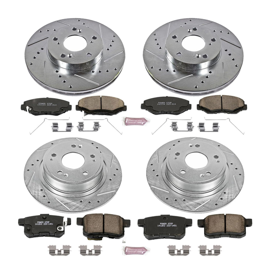 Power Stop K5934 Z23 Carbon Fiber Brake Pads Front and Rear with Drilled & Slotted Brake Rotors Kit For Honda Accord 2011-2012 [Model Specific]
