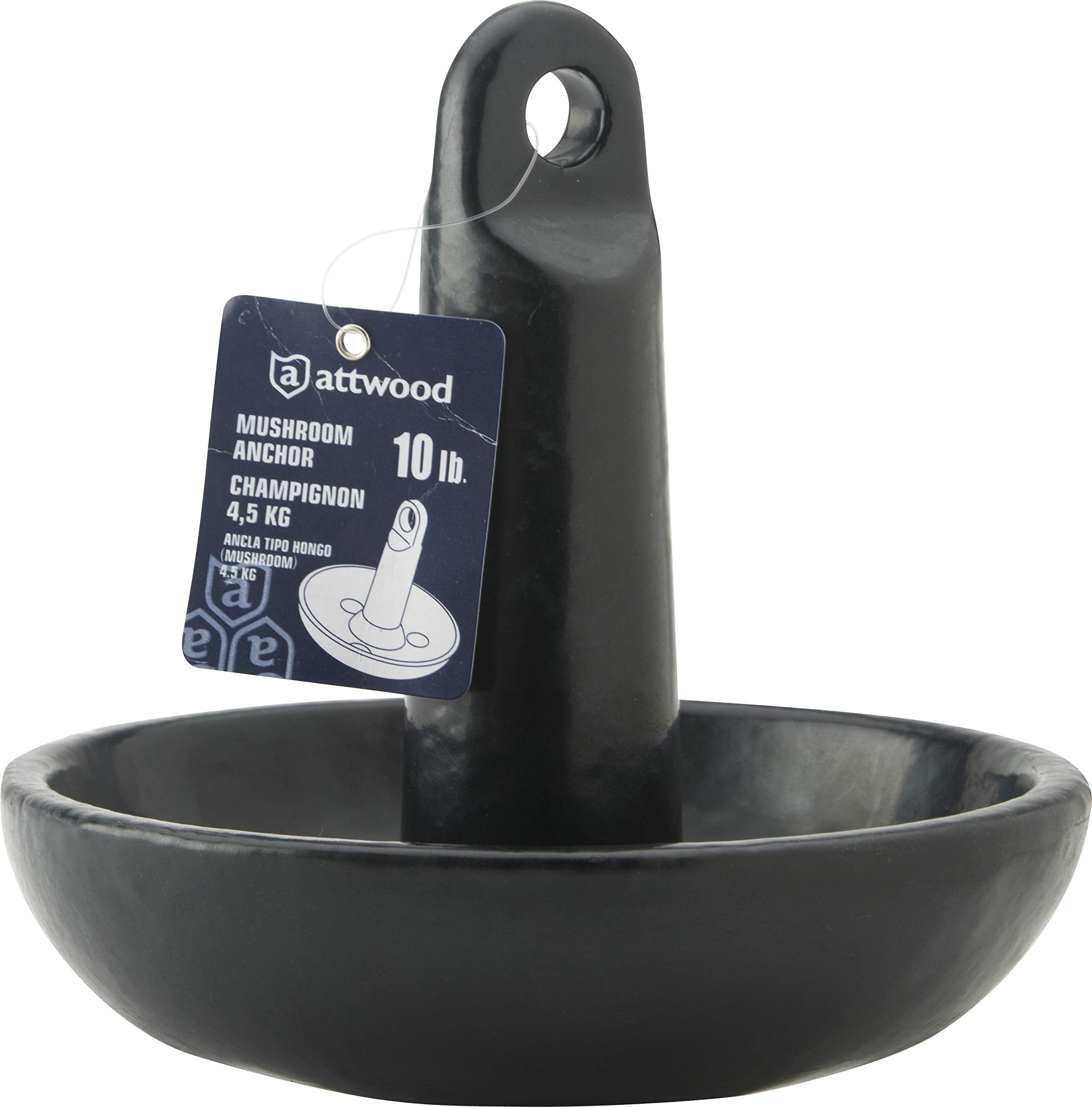Solid Cast Iron Attwood 9942B1 Mushroom Anchor for Boats and Kayaks - 10 Pounds, Black, PVC-Coated Finish