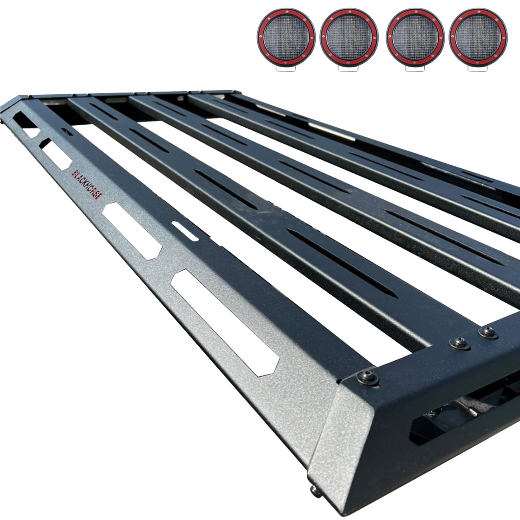 Armour II Black Horse Basket Incl. Set of 5.3" Dia.led Lights w/Red Trim Rings Compatible with 14-22 Chevrolet Silverado, GMC Sierra, Ram1500|15-22 Ford F-150 |07-24 Toyota Tundra